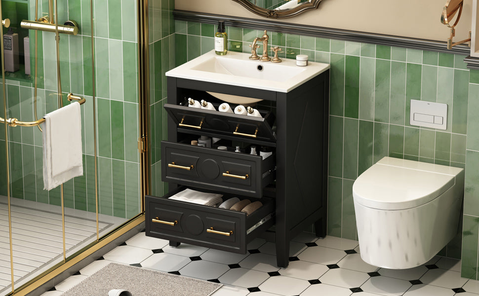 24'' Bathroom Vanity with Ceramic Sink - Black, 3 Drawers