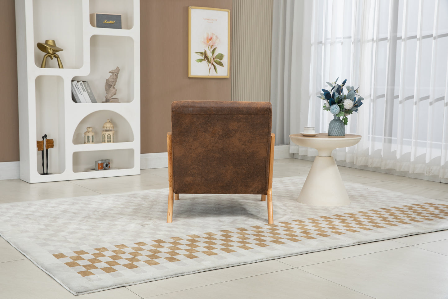 Mid Century Modern Accent Chair - Upholstered Wood Frame, Antique Brown