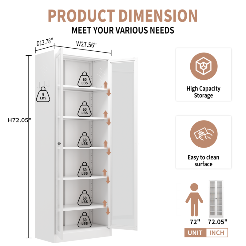 Metal Pantry Cabinet - 72" Tall with 5 Adjustable Shelves, White