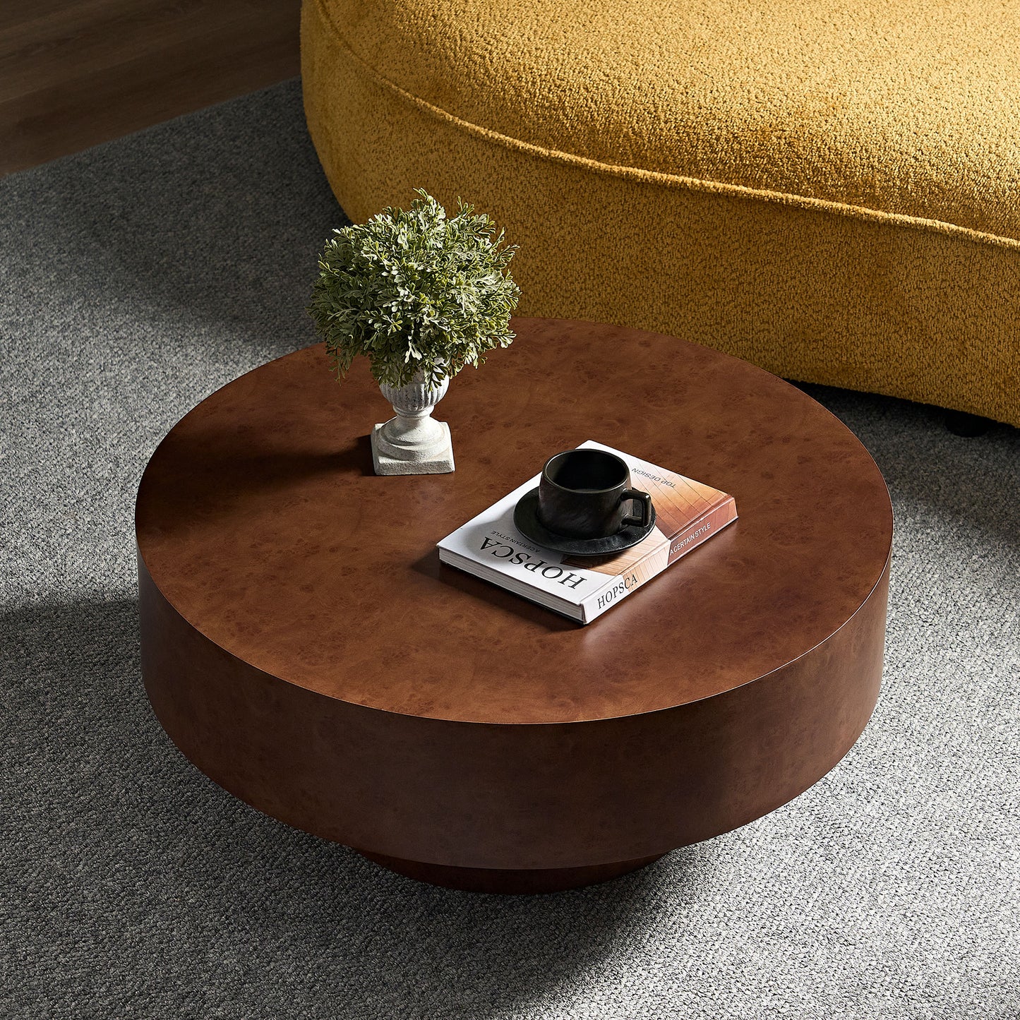 31.49" Faux Burl Wood Coffee Table with Sturdy Pedestal - Walnut
