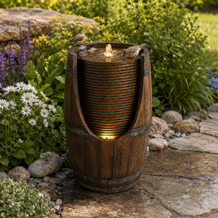 Outdoor Water Fountain with Lights Rustic Wood Look Resin Garden Decor for Patio Yard
