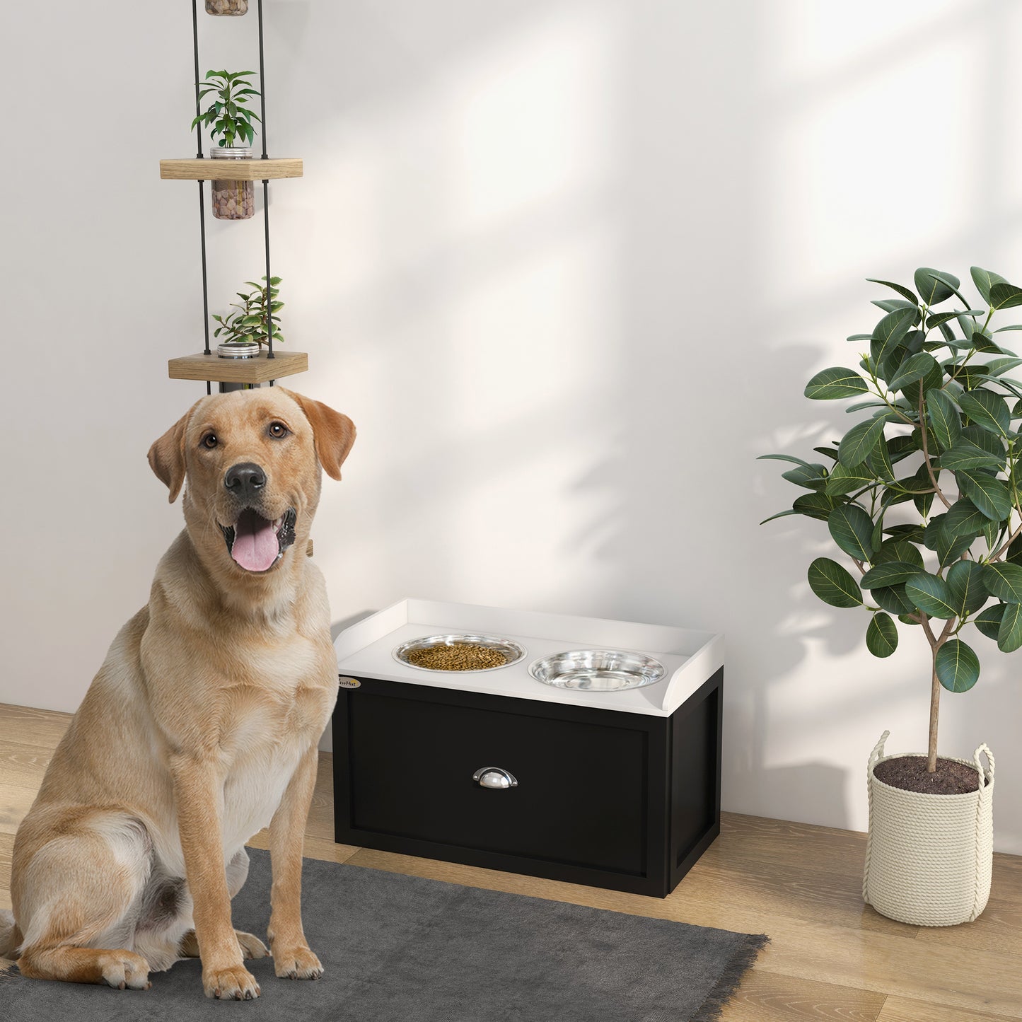Elevated Dog Food Station with Storage - Large Pet Bowls Set, White & Black