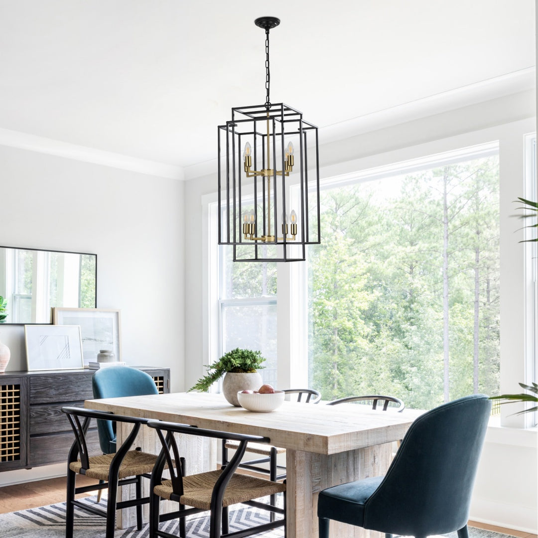 Modern 8-Light Black Gold Geometric Pendant Chandelier