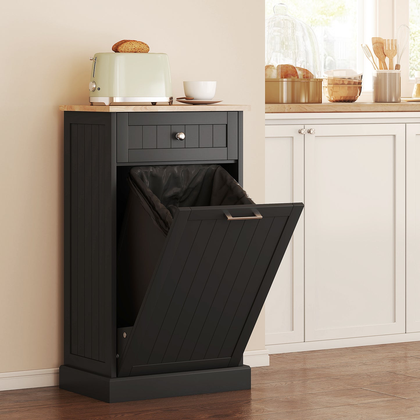 Tilt-Out Trash Cabinet with Storage Drawer - Black