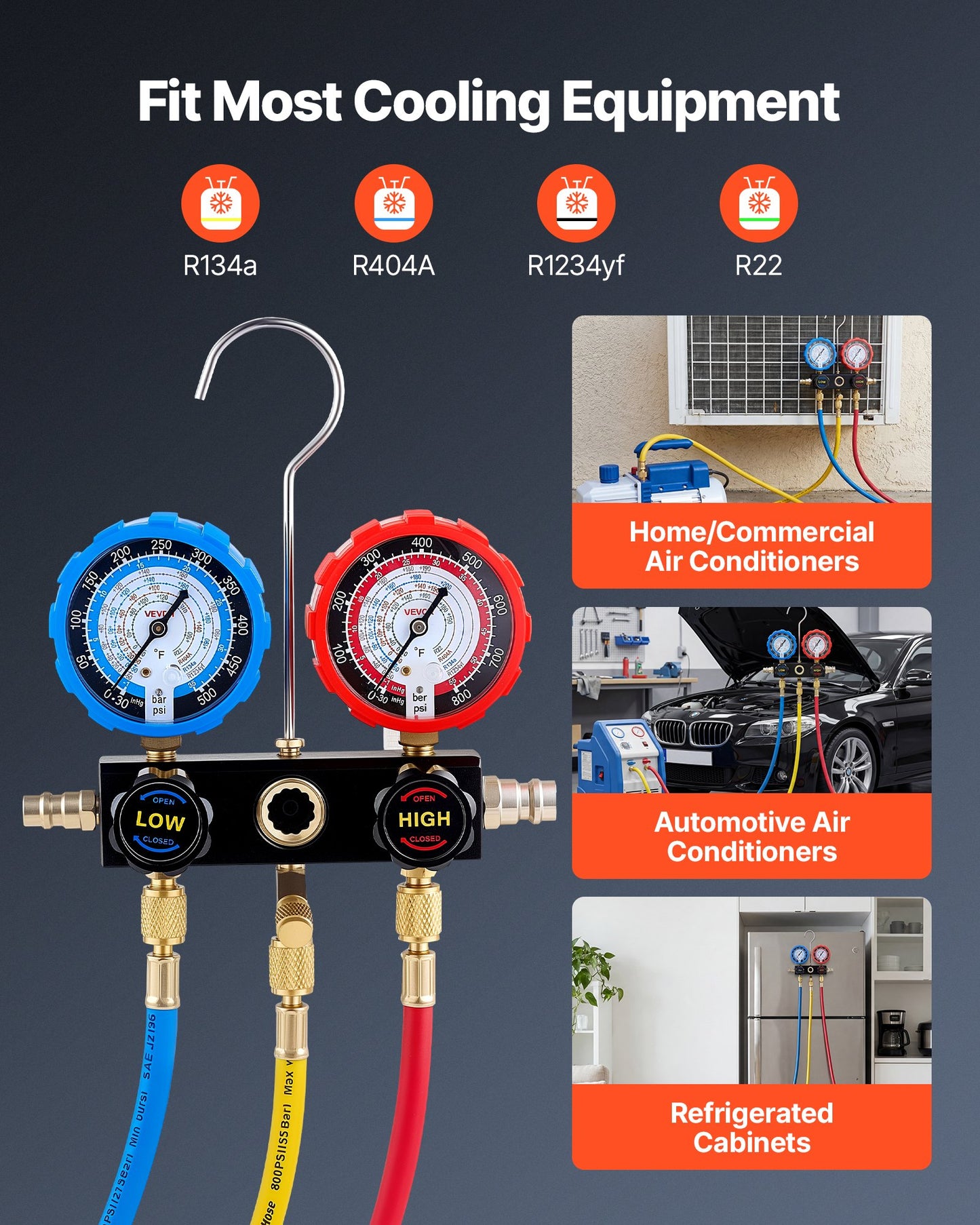 Automotive AC Manifold Gauge Set with 4 Refrigerant Compatibility and 5 Ft Hoses