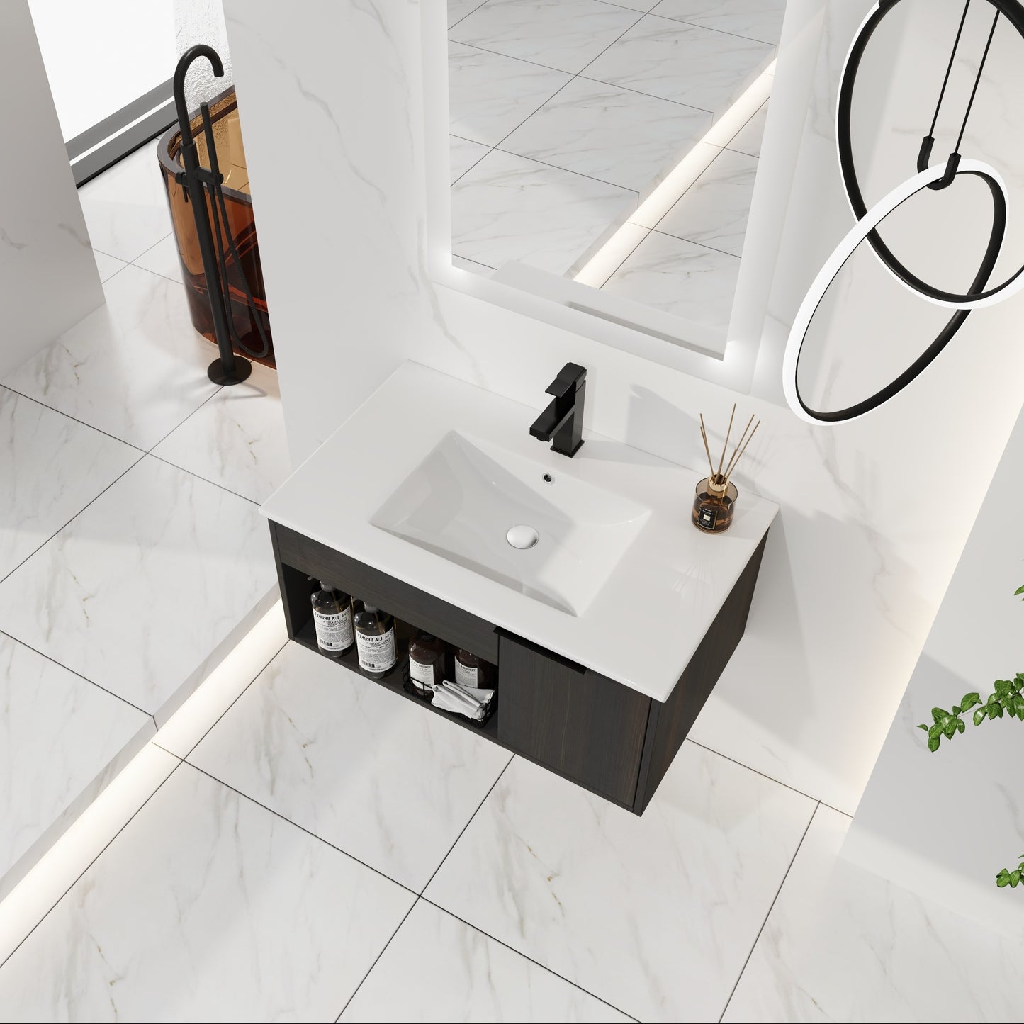 30-Inch Wall-Mounted Bathroom Vanity with Ceramic Sink - Dark Oak
