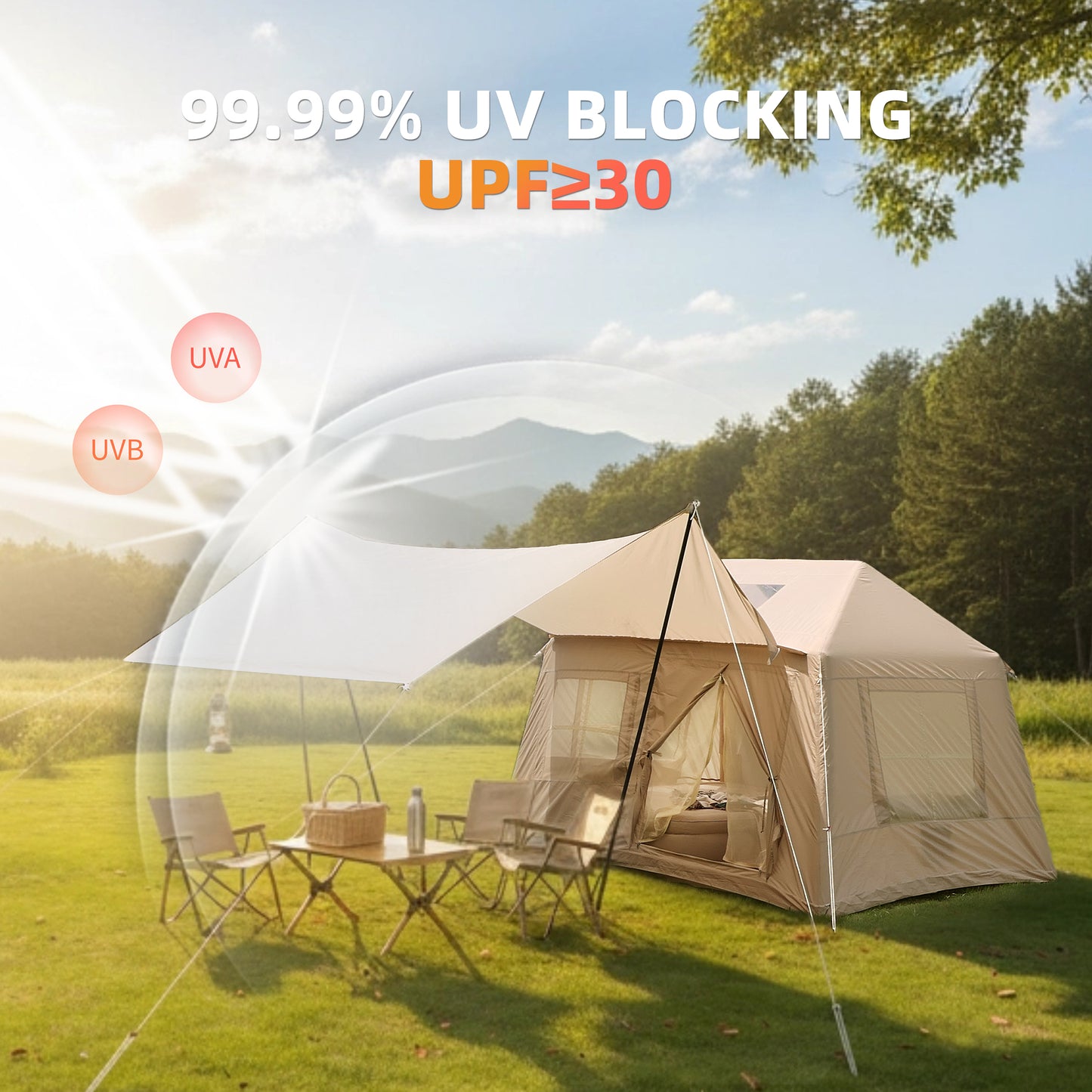 4-Season Inflatable Camping Tent with Mesh Windows - Beige