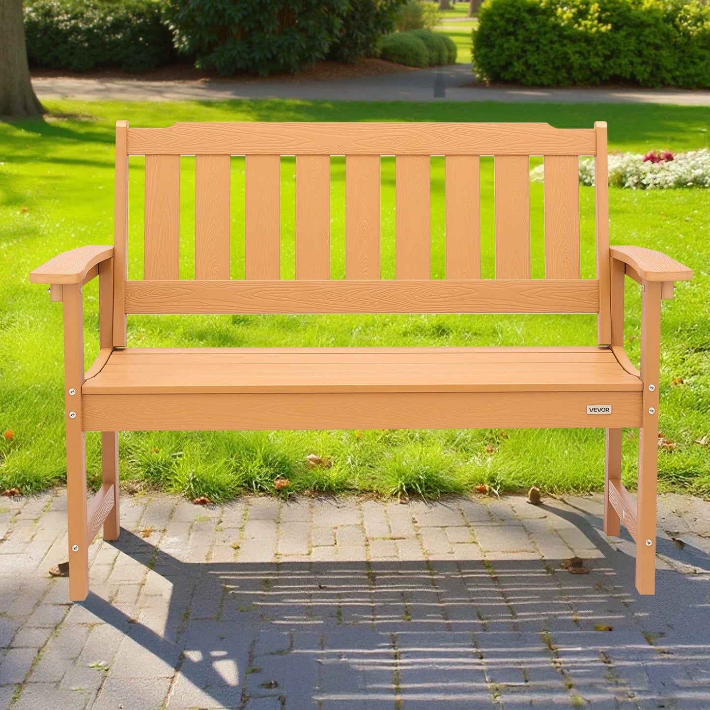 Outdoor Patio Bench 50.5 In Weatherproof Plastic & Wood Look Natural