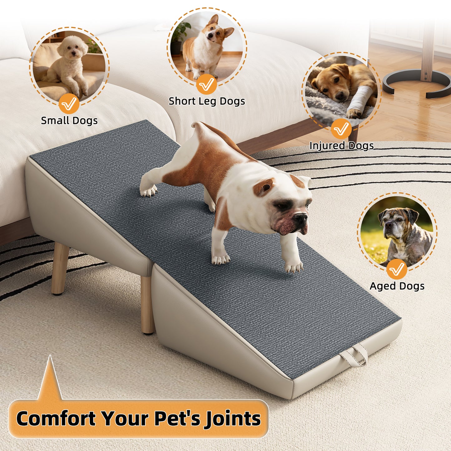 Foldable Wooden Dog Steps for Small Dogs and Cats - Non-Slip Ramp for Couch and Bed, Light Grey