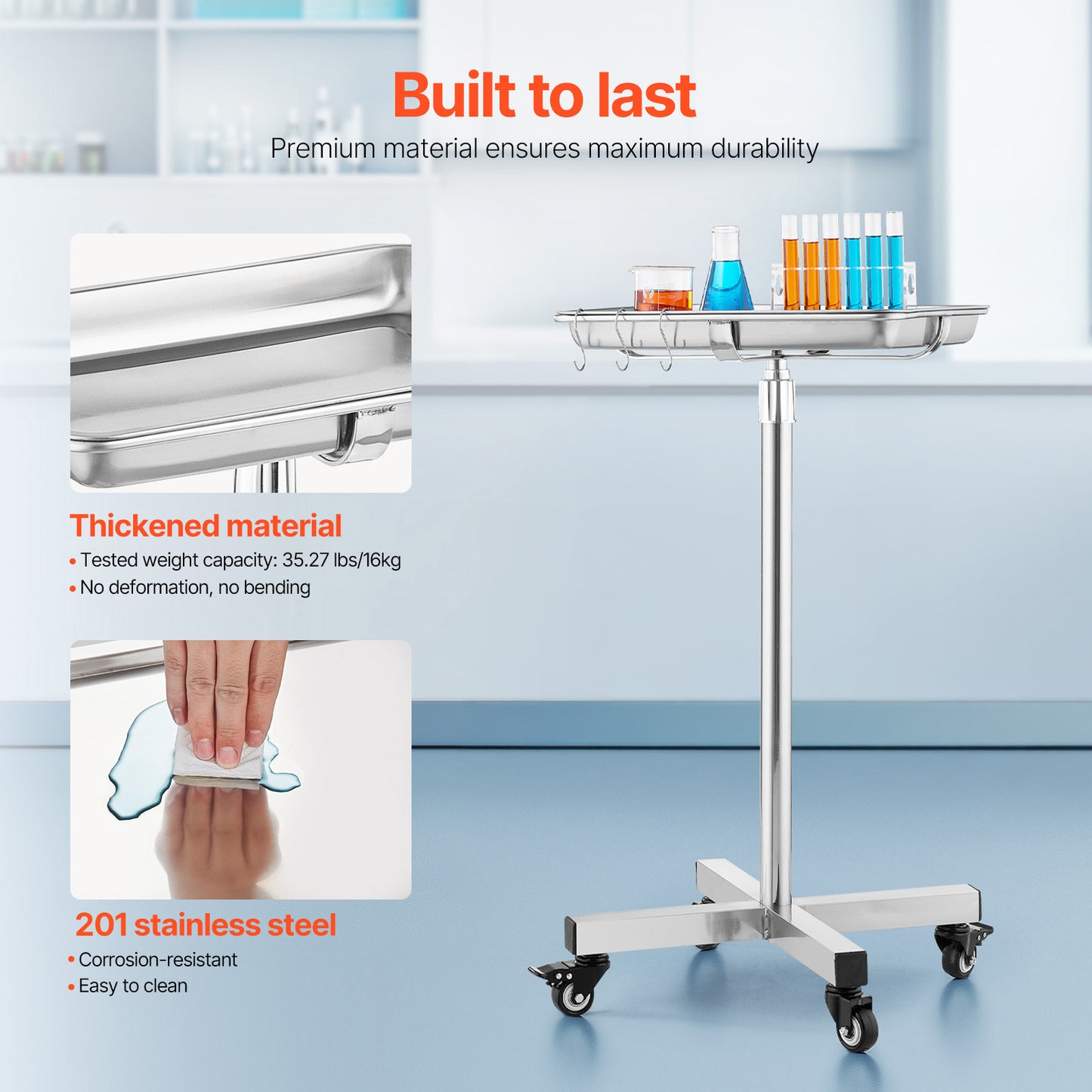 Stainless Steel Medical Tray on Wheels - Adjustable Height & Load Capacity 35Lbs