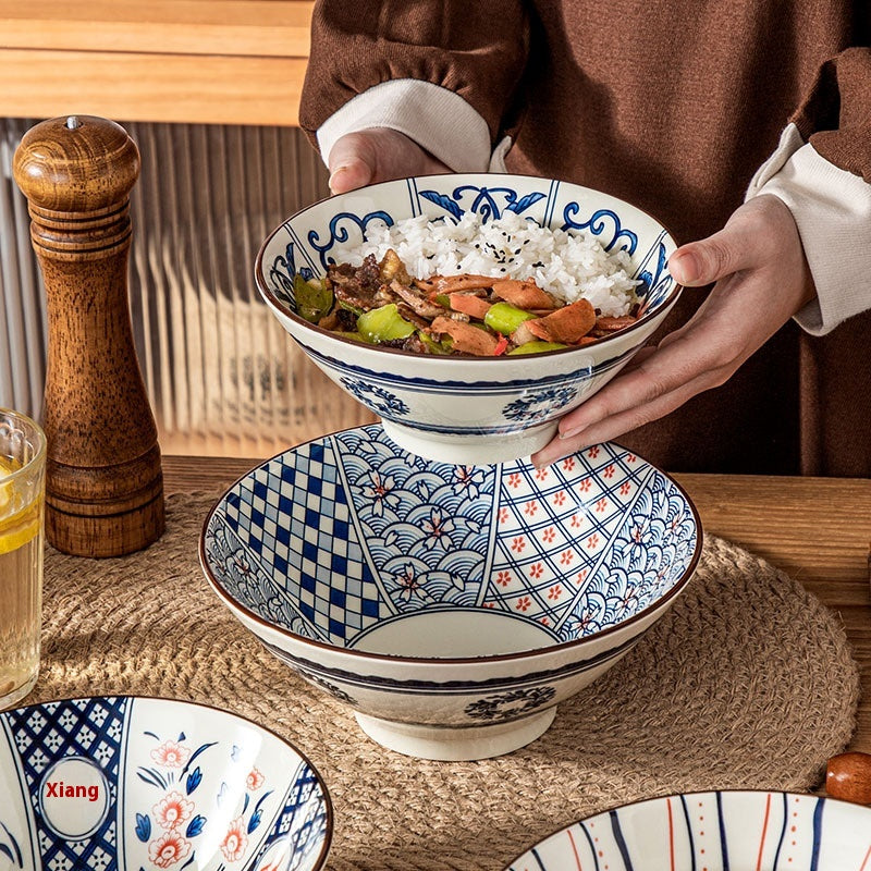 Retro Japanese Style 7-Inch Porcelain Ramen Bowl with Bamboo Hat Shape