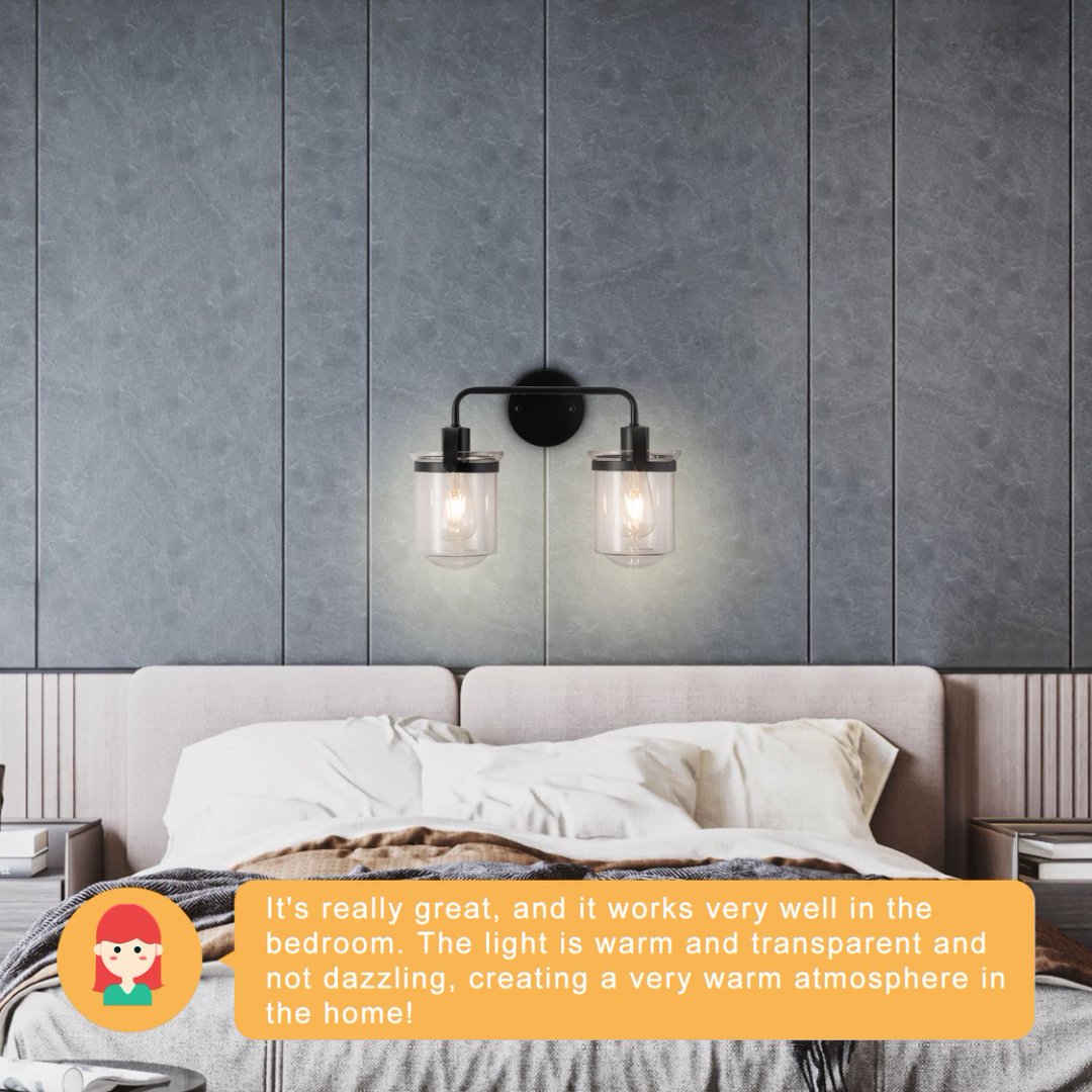Modern Black Wall Sconce Light with Clear Glass Shade - Indoor Indoor Fixture for Bathroom Bedroom Living Room Kitchen Sink - E26 Socket