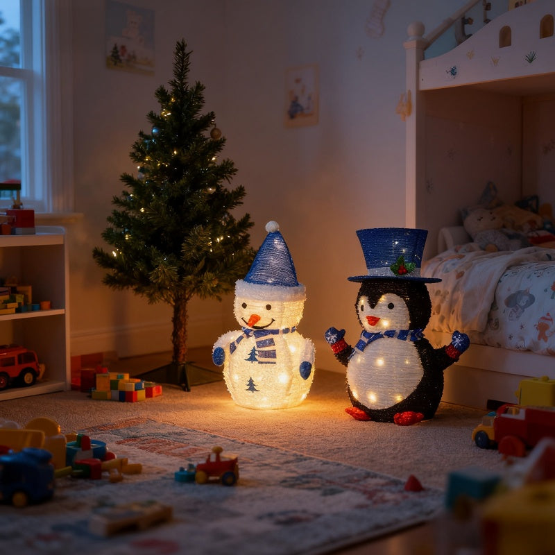 Set of 2 Lighted Plush Penguin and Snowman Christmas Decorations