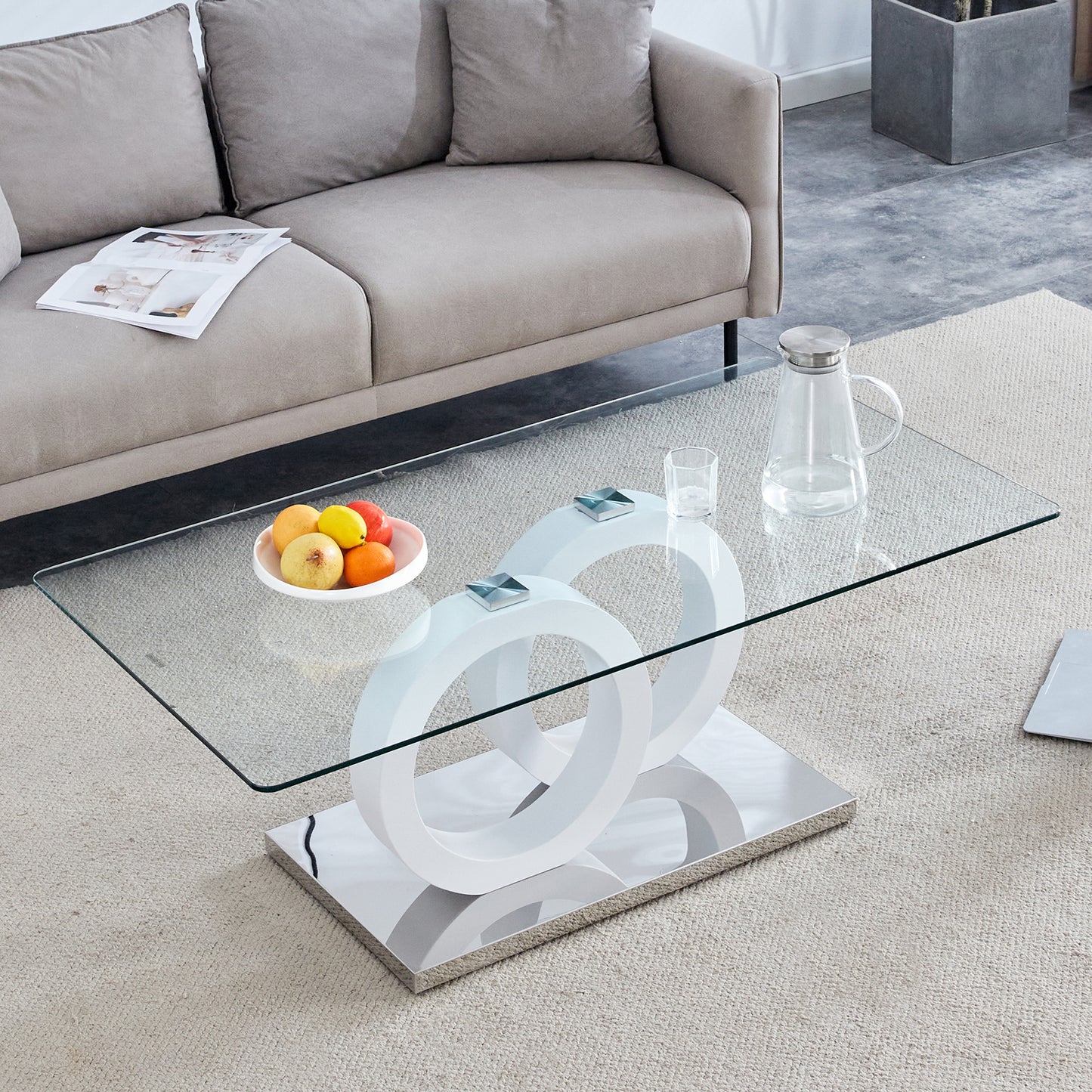 Modern Glass-Top MDF Coffee Table with White Base - 47.2x25.6x17.8 Inches
