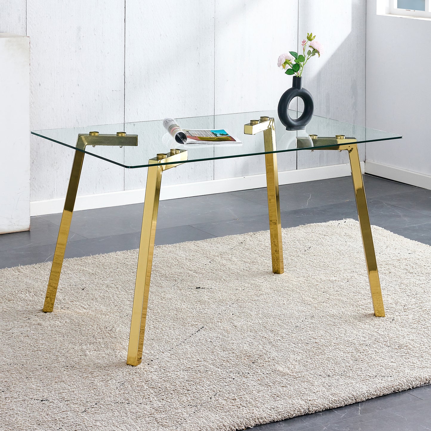 Modern Minimalist Style Rectangular Glass Dining Table With Tempered