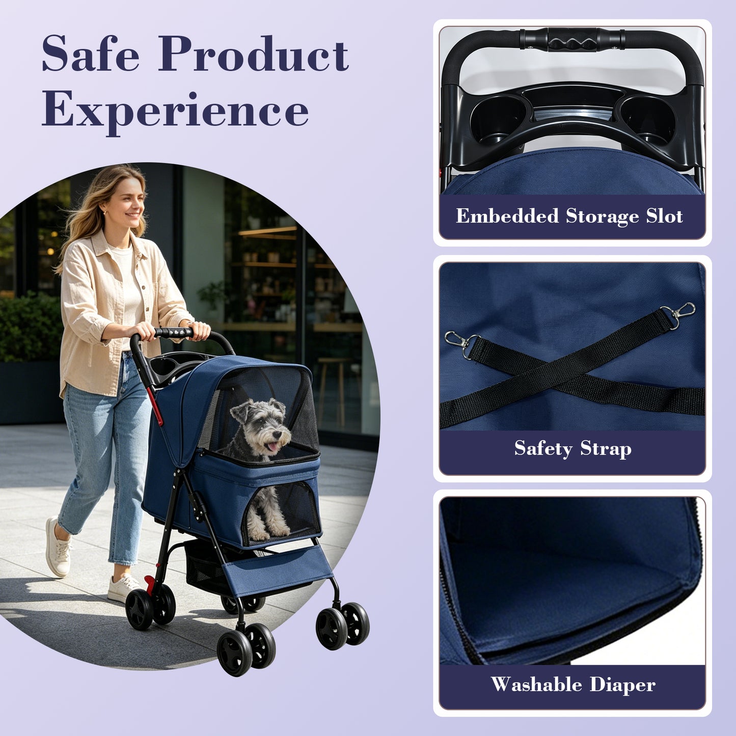 Foldable Pet Stroller for Small Dogs and Cats - Blue, 28 lbs Capacity