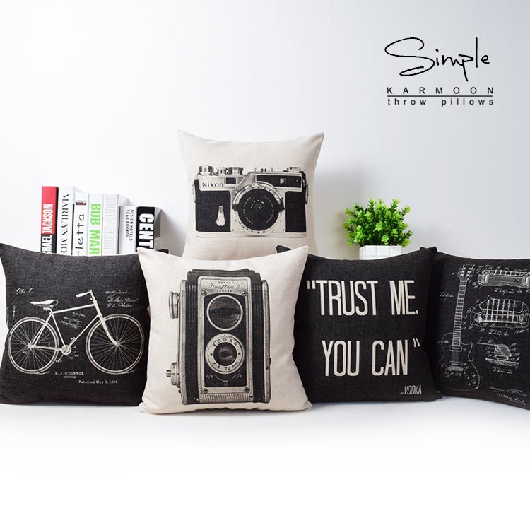 Vintage Camera Bicycle Cushion Cover - Cotton Linen Pillowcase, 43x43cm