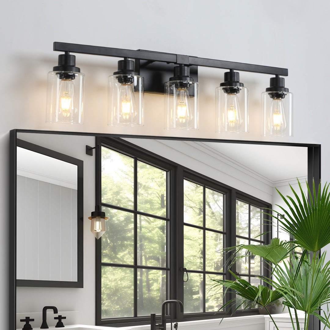 5-Light Black Bathroom Vanity Light Fixture with Glass Shades