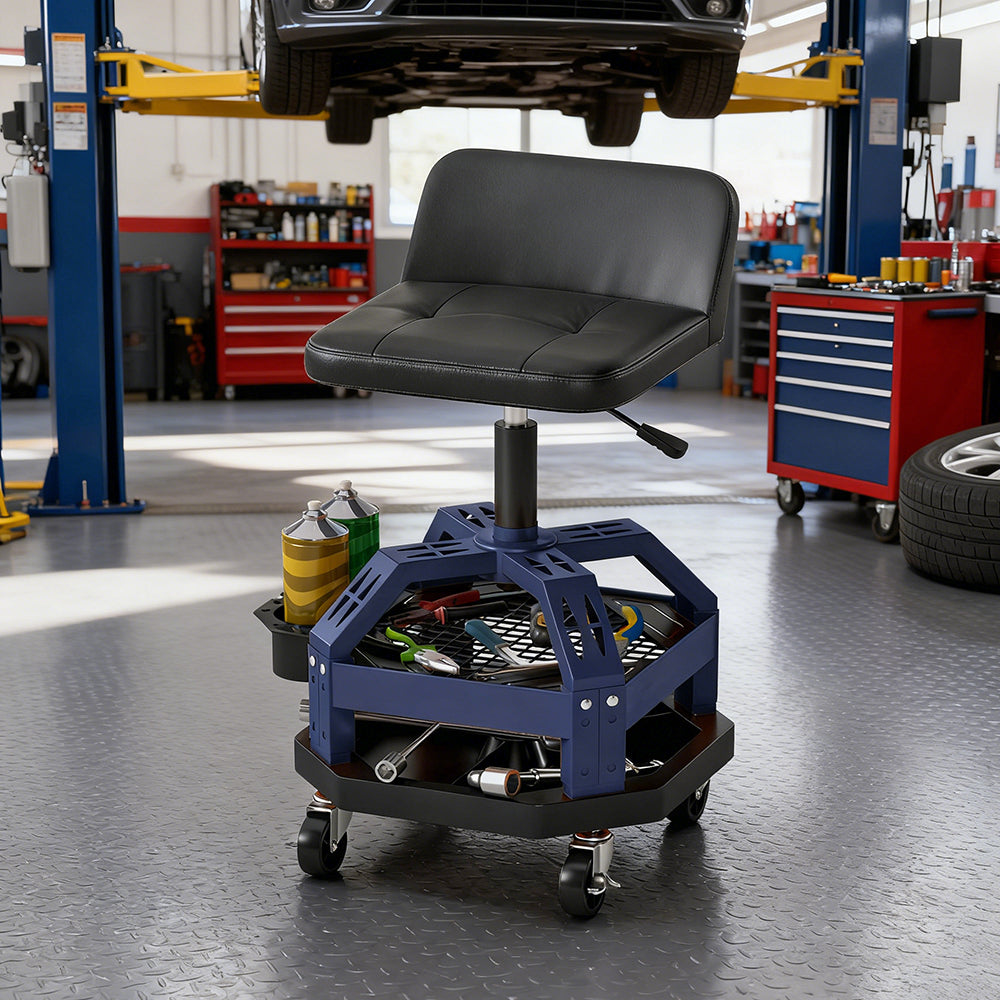 Adjustable Height Rolling Garage Stool with Tool Tray - 300 LBS Capacity, Blue