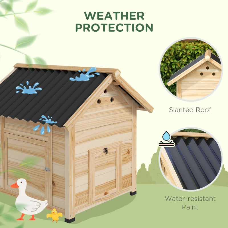 Wooden Duck House with Openable Roof & Double Doors for Pets - Natural Finish
