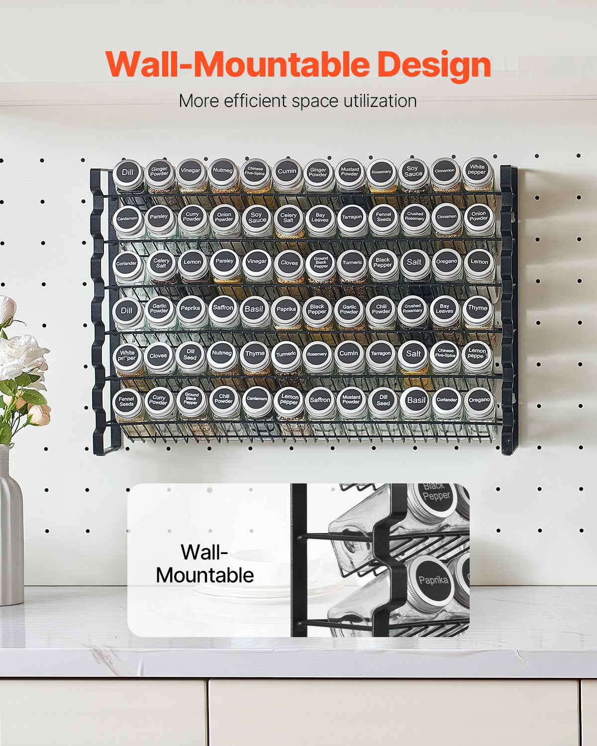 Spice Rack Organizer with 72 Glass Jars - Wall Mounted Storage Set
