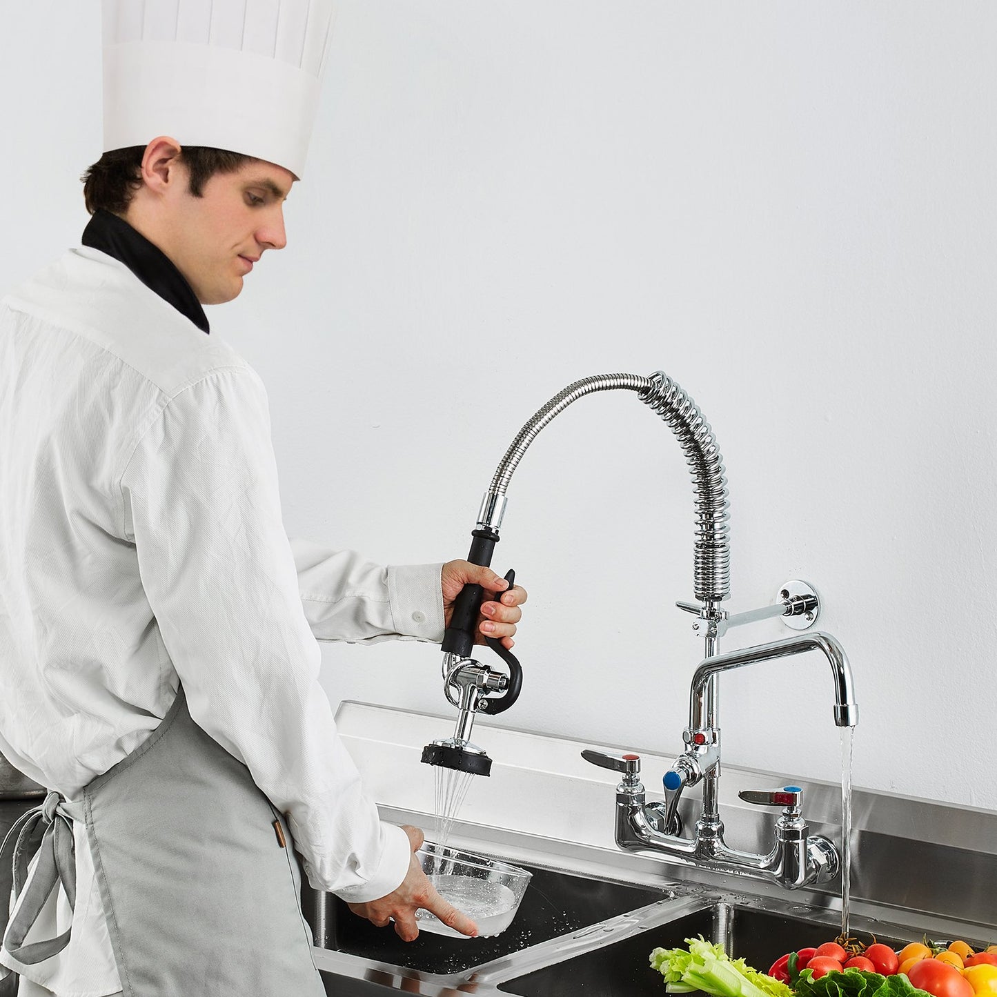 Wall-Mounted Commercial Faucet with Pre-Rinse Sprayer - Silver