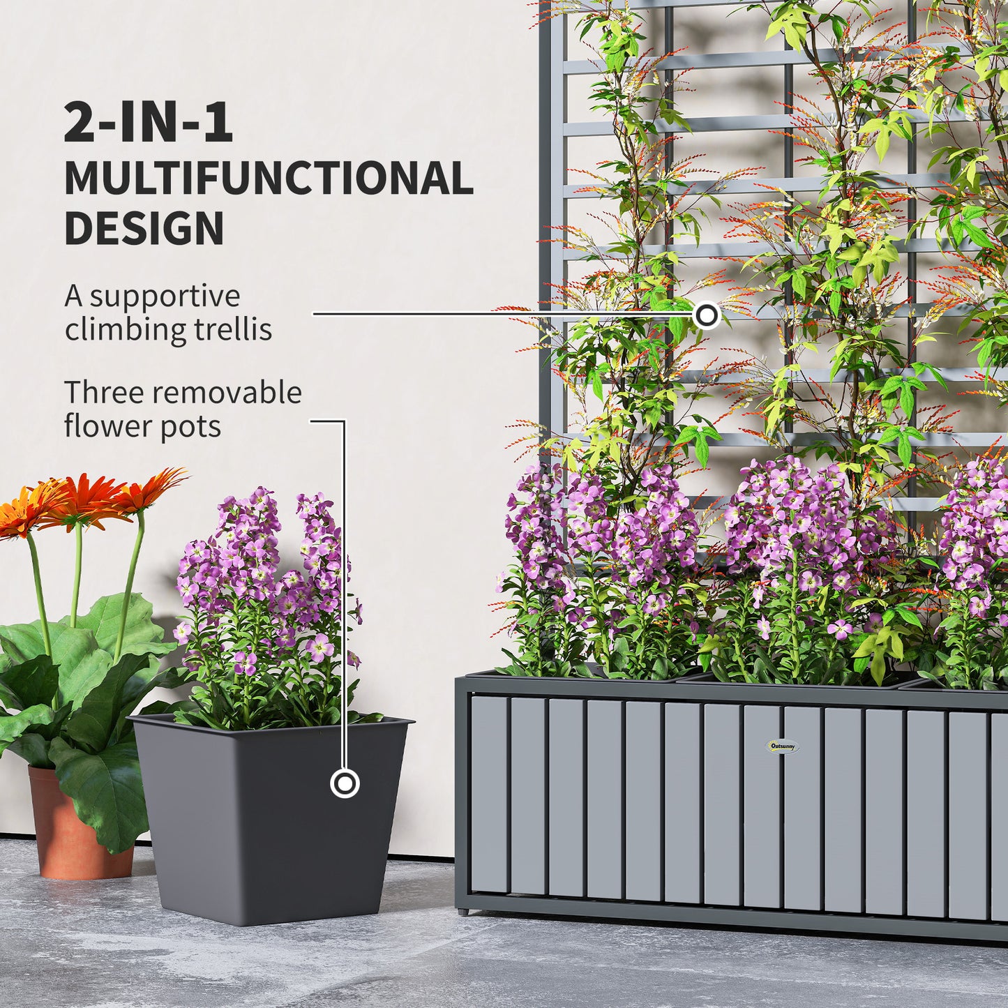 Wooden Raised Garden Bed with Trellis & Removable Pots, Gray, 29x11x52 Inches