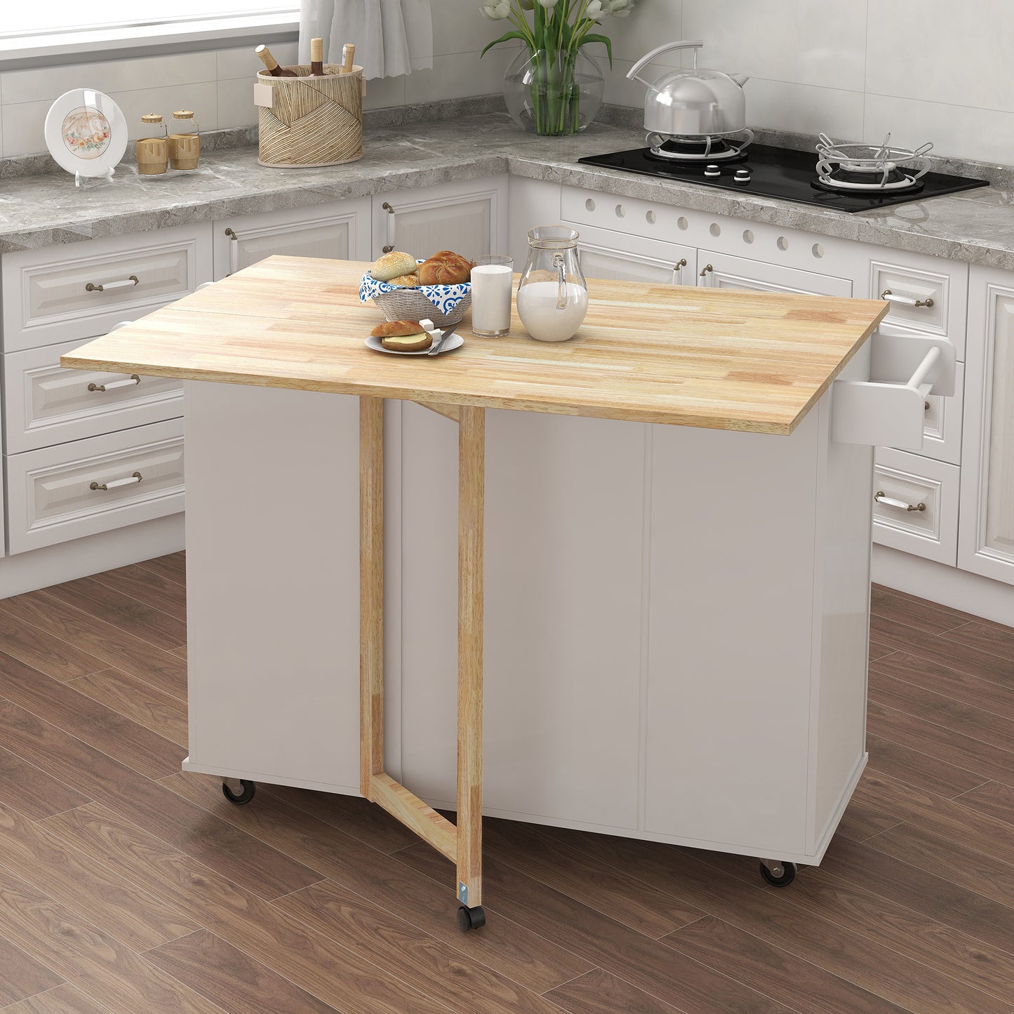 Kitchen Island with Spice Rack & Towel Rack - White