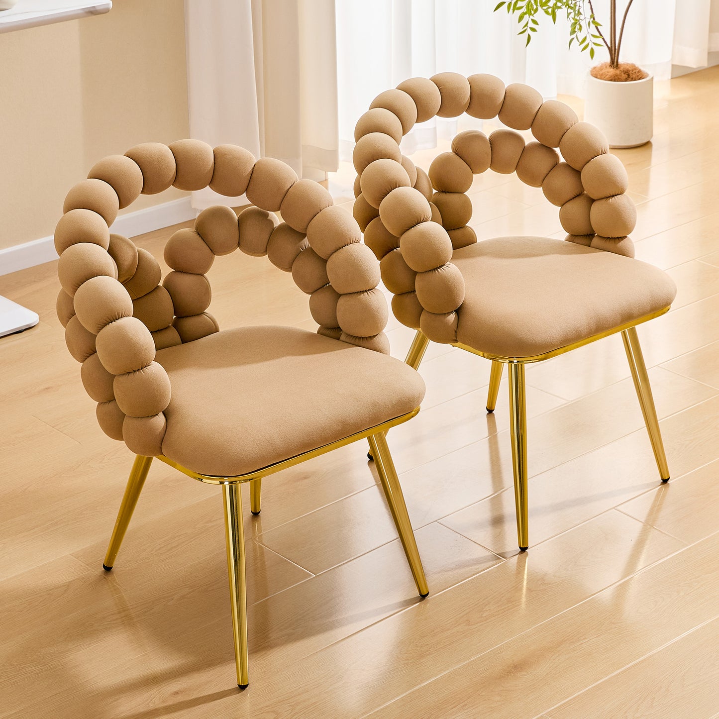 Set of 2 Modern Velvet Dining Chairs with Bubble Back - Brown & Gold