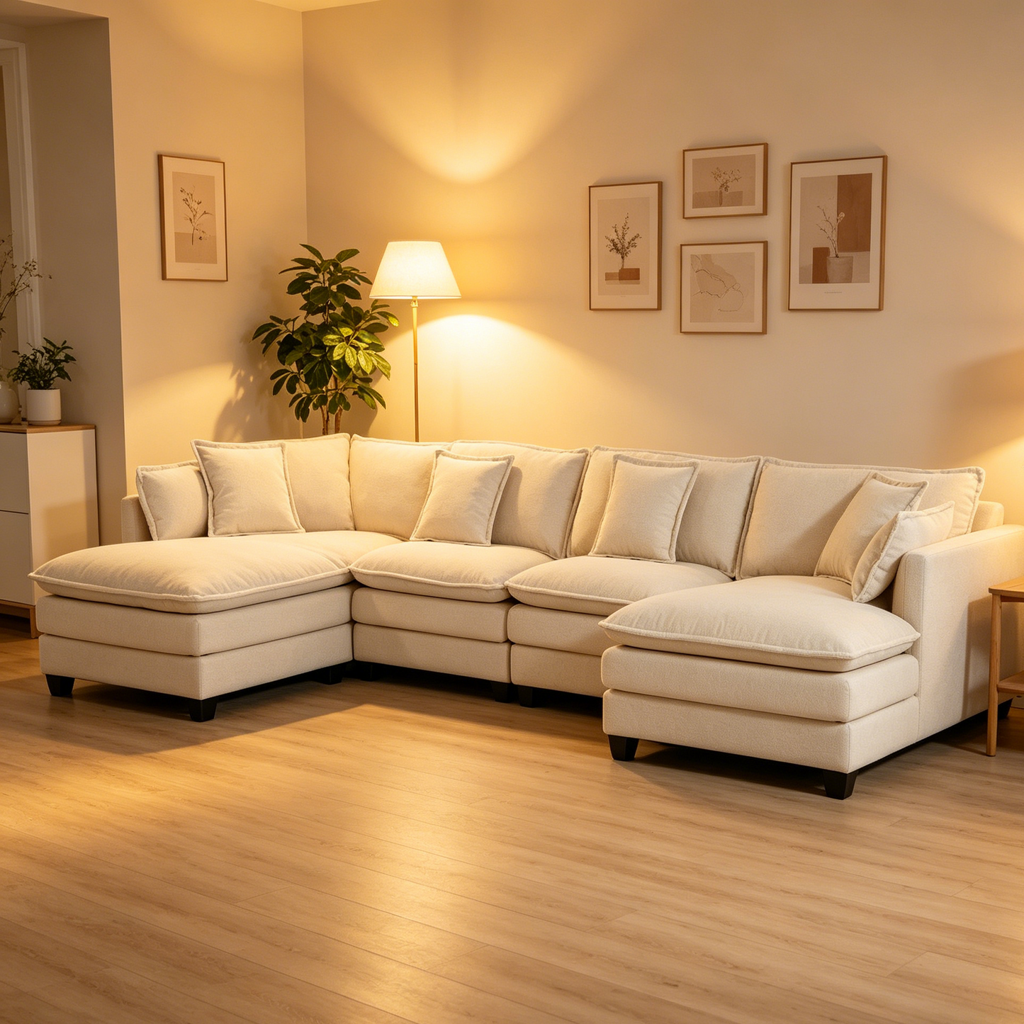 Antique White 4-Seat Sectional Sofa with Ottoman & Pillows