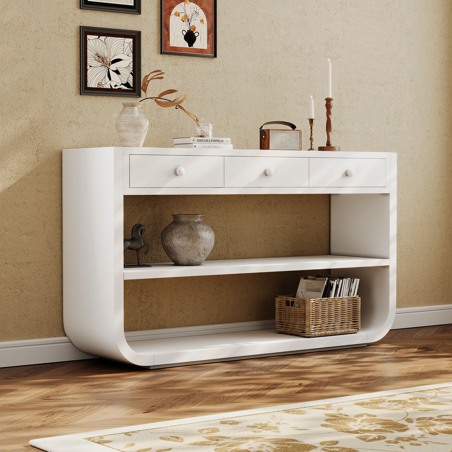 Modern Curved Console Table with 3 Soft-Close Drawers & 2 Shelves - White
