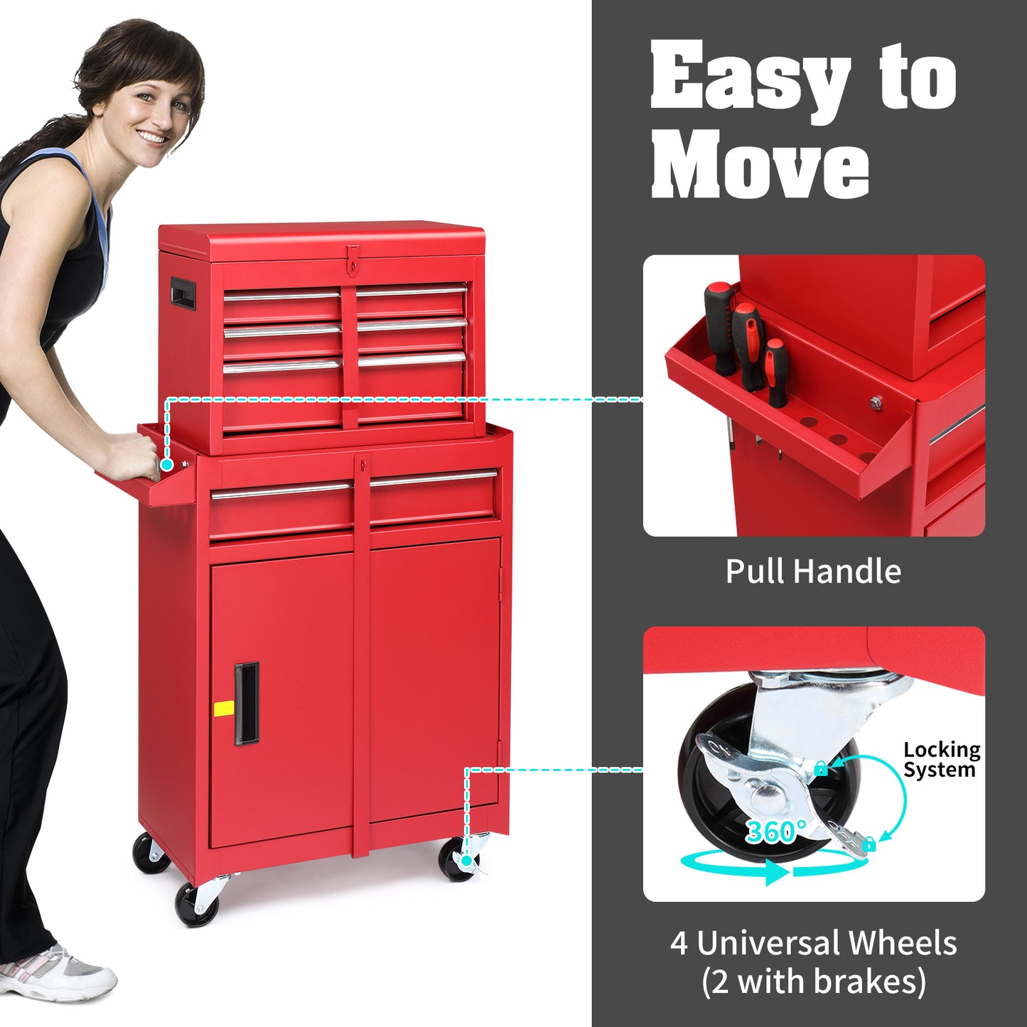 4-Drawer Steel Tool Cabinet with Lock - Heavy Duty Service Cart in Red