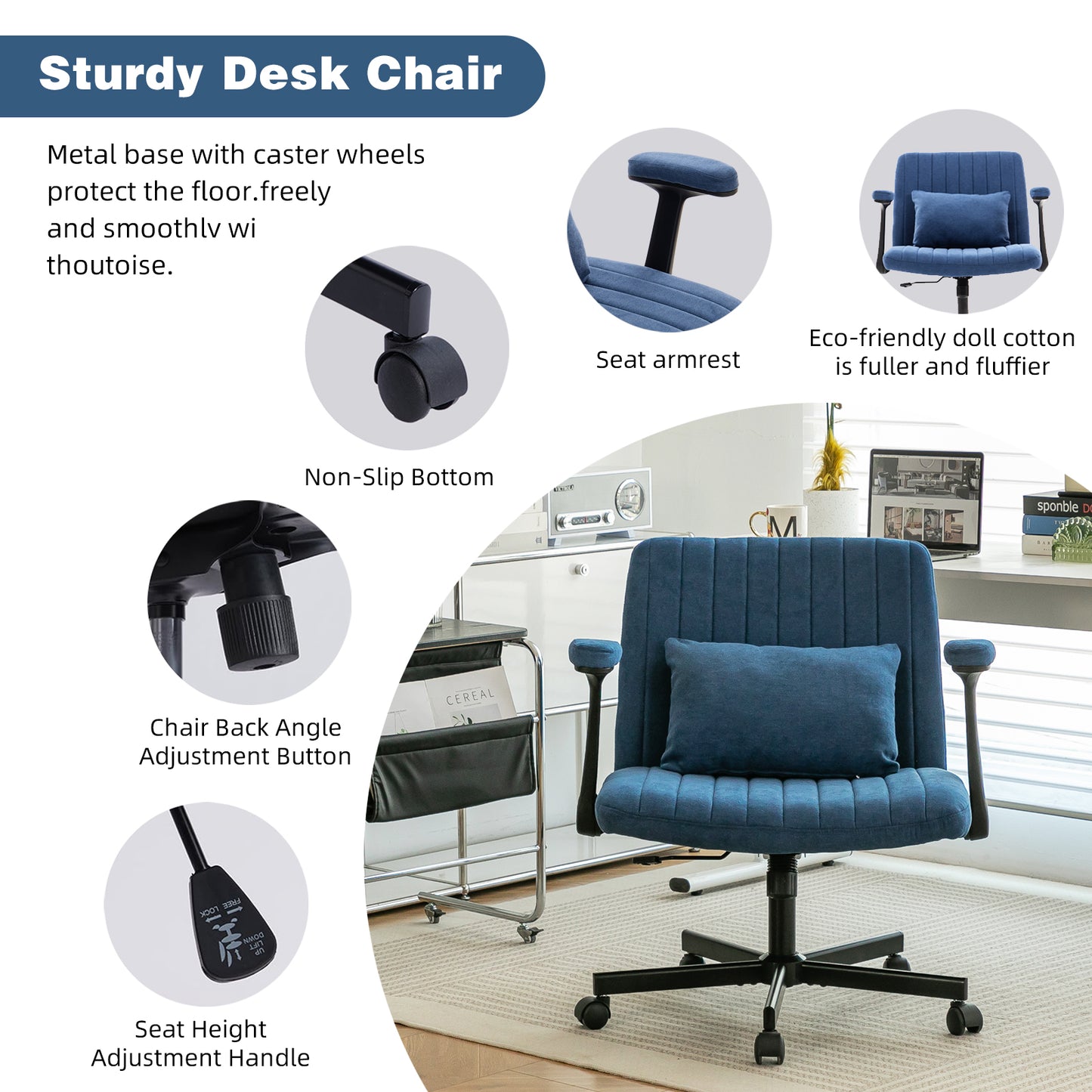 Blue Modern Linen Criss Cross Armrest Office Chair
