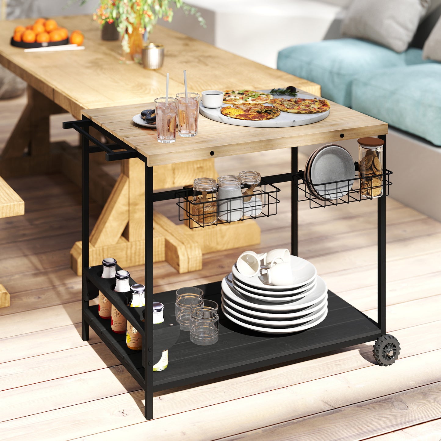 Outdoor Bar Cart with Wine Holders - Natural Wood