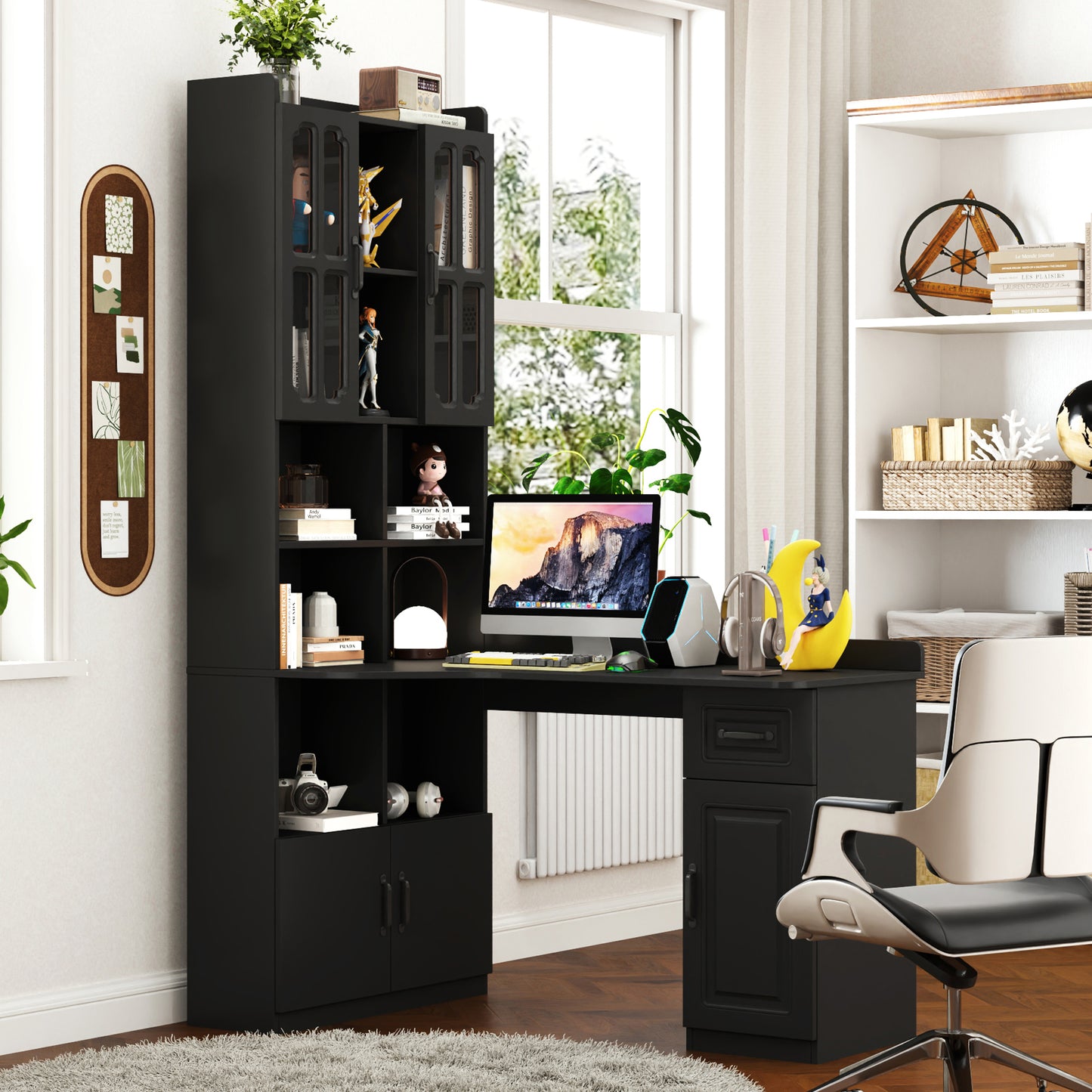 L-Shaped Corner Computer Desk with Storage & Hutch - Black