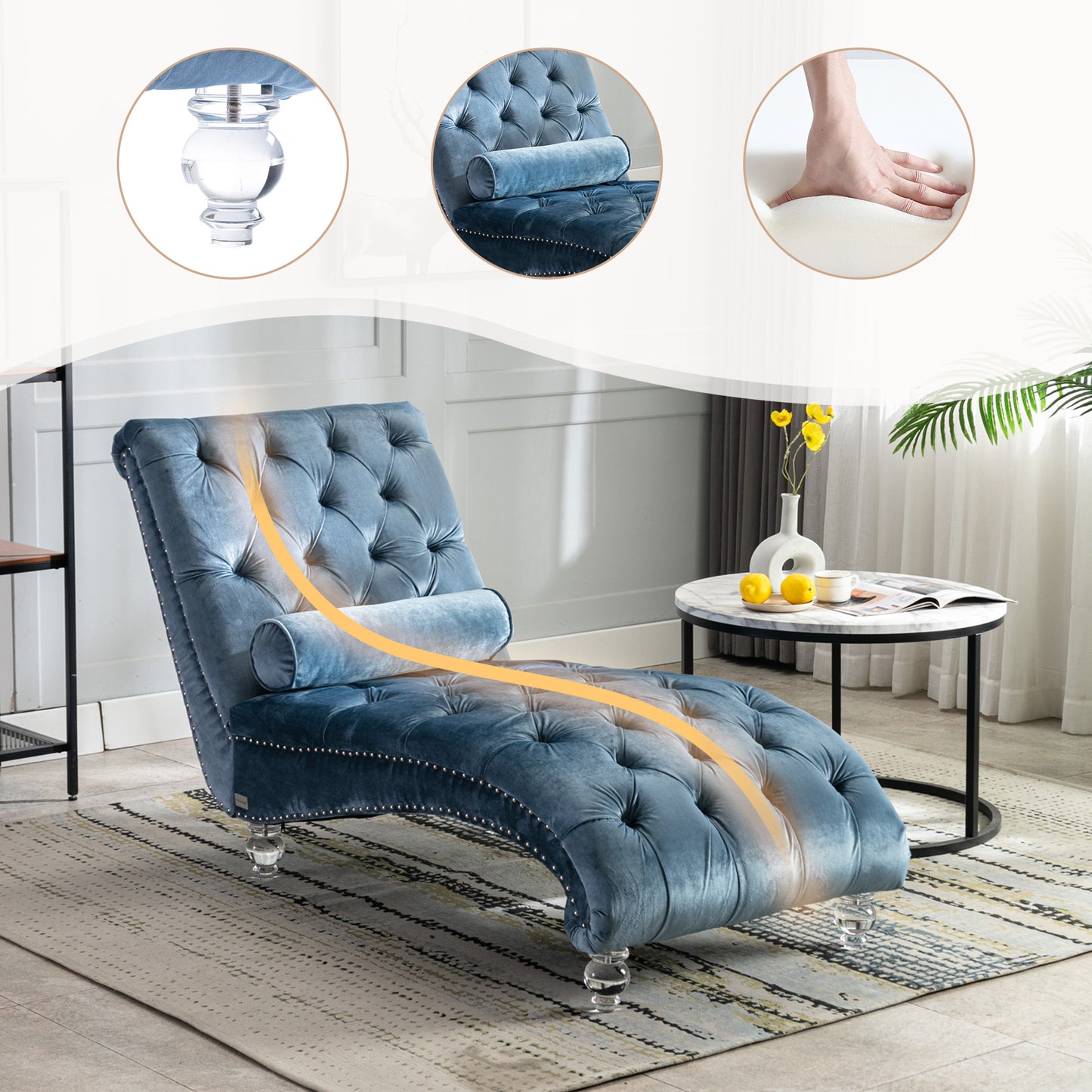 Light Blue Velvet Chaise Lounge Chair with Pillow - Indoor Use