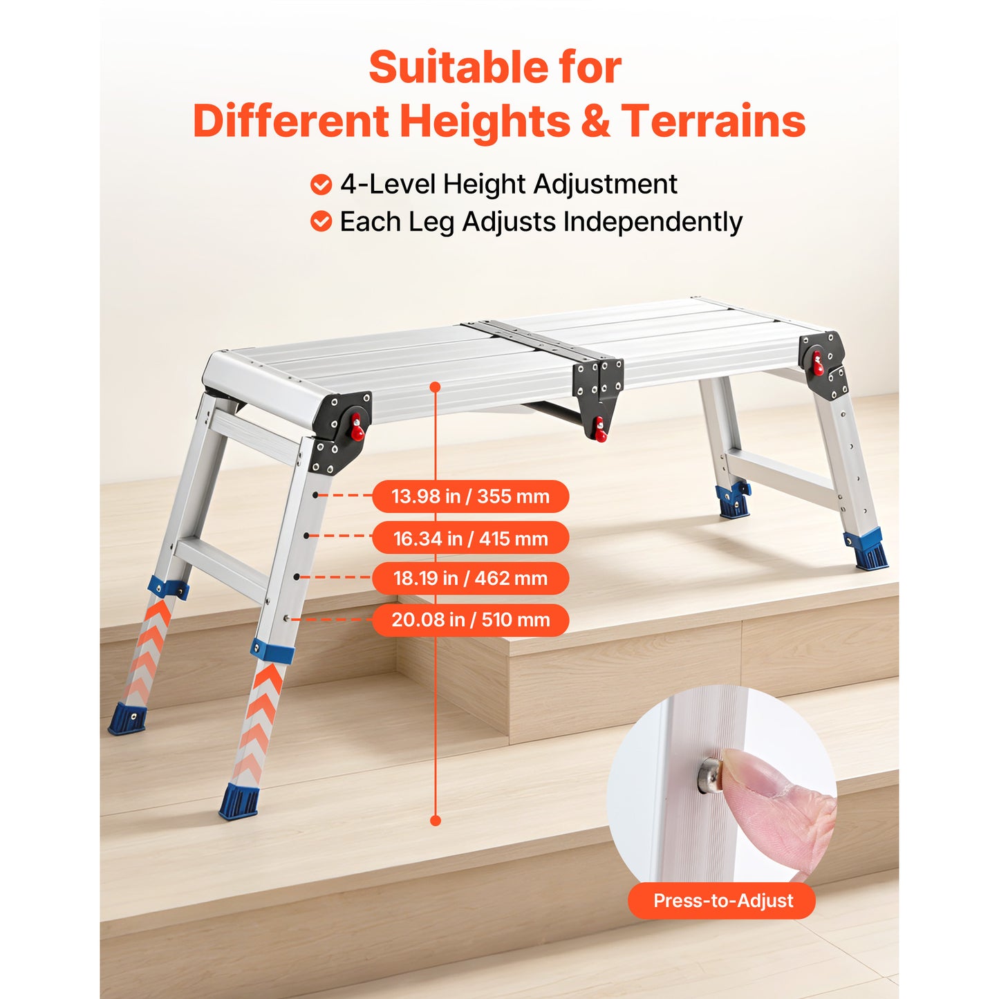 Adjustable Height Folding Work Platform - Aluminum Step Stool with 500 Lb Capacity