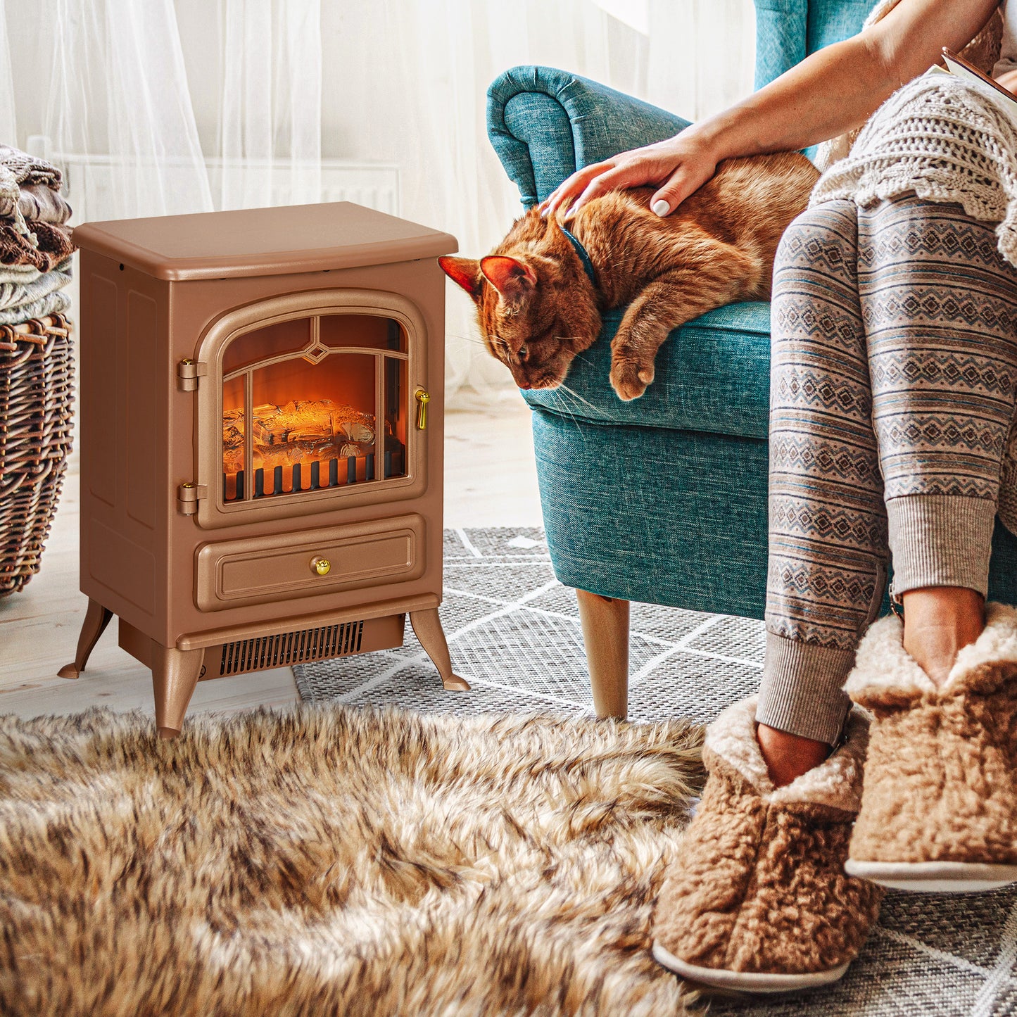 Electric Fireplace Heater with Realistic LED Flames and Logs, 725W/1450W, Dark Brown