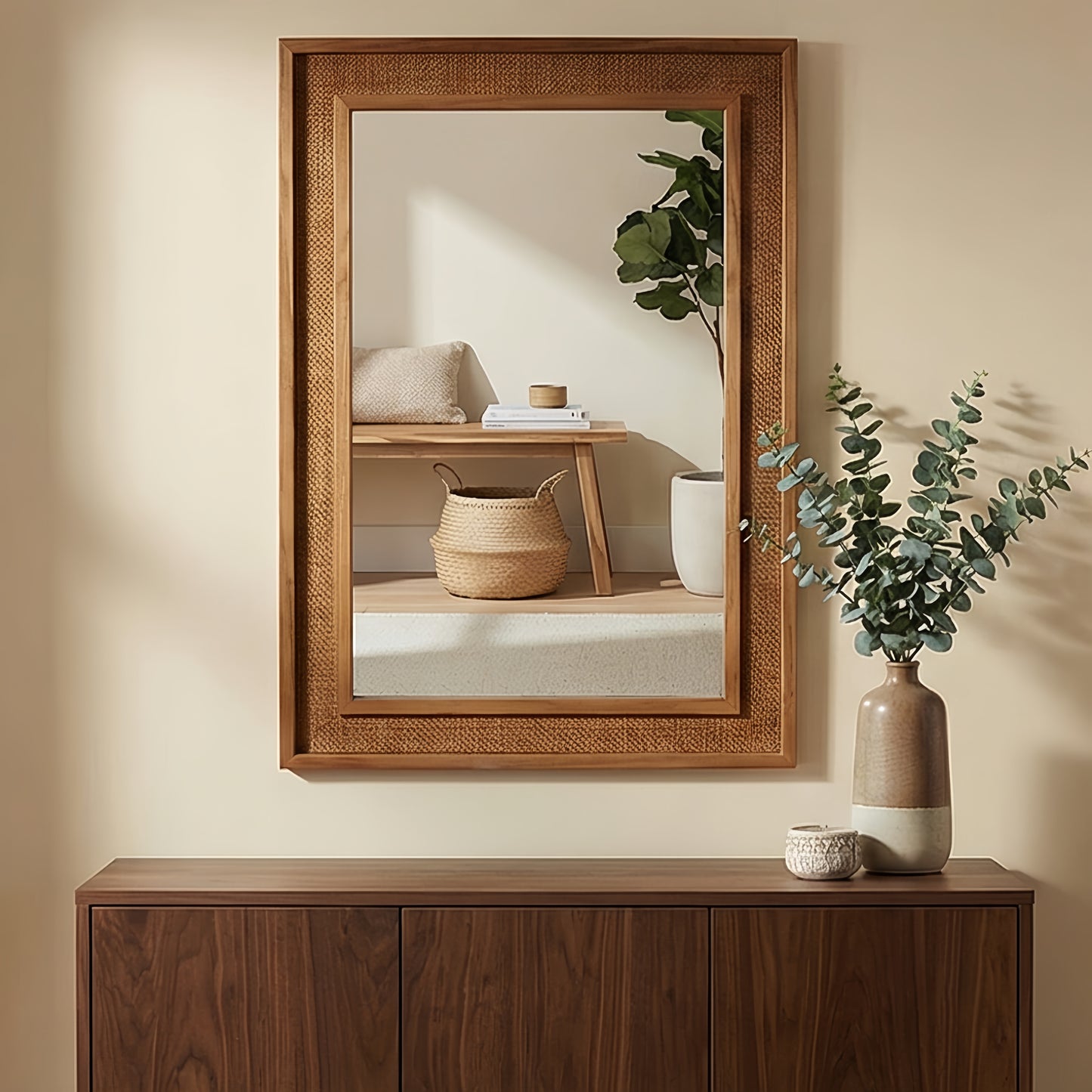 Rattan Rectangle Decorative Mirror - Yellowish Brown 24"x36"