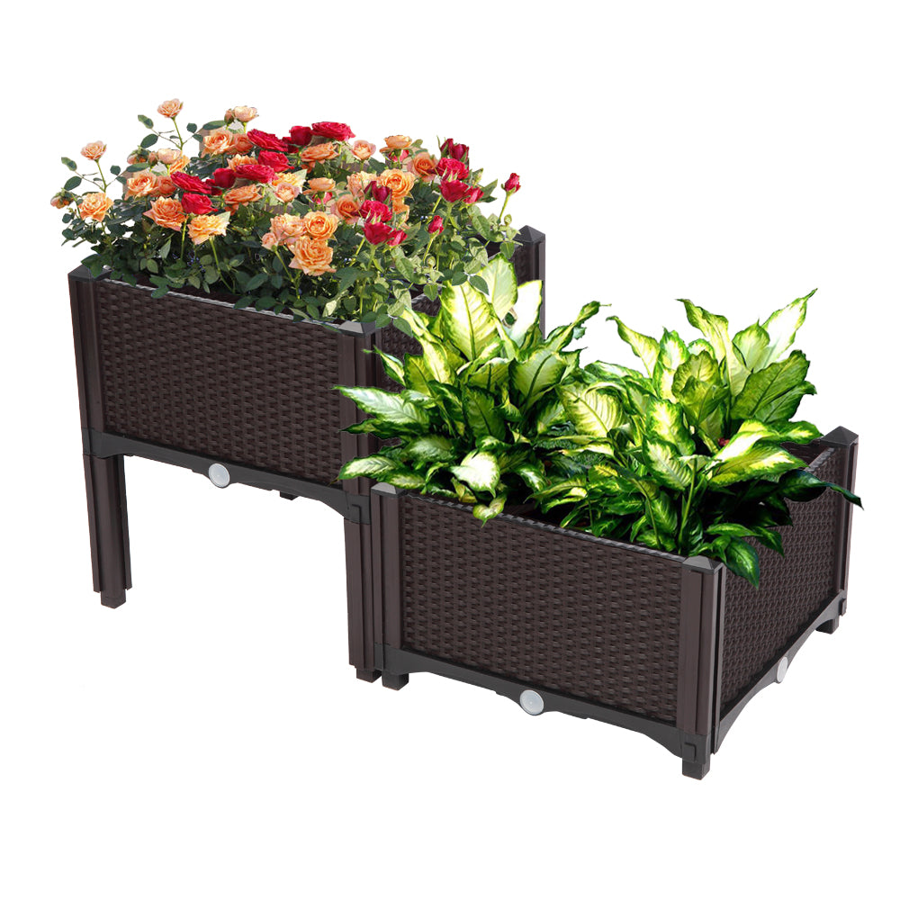 2PCS Brown Injection Molded Planting Box Garden Planter with Rattan Pattern