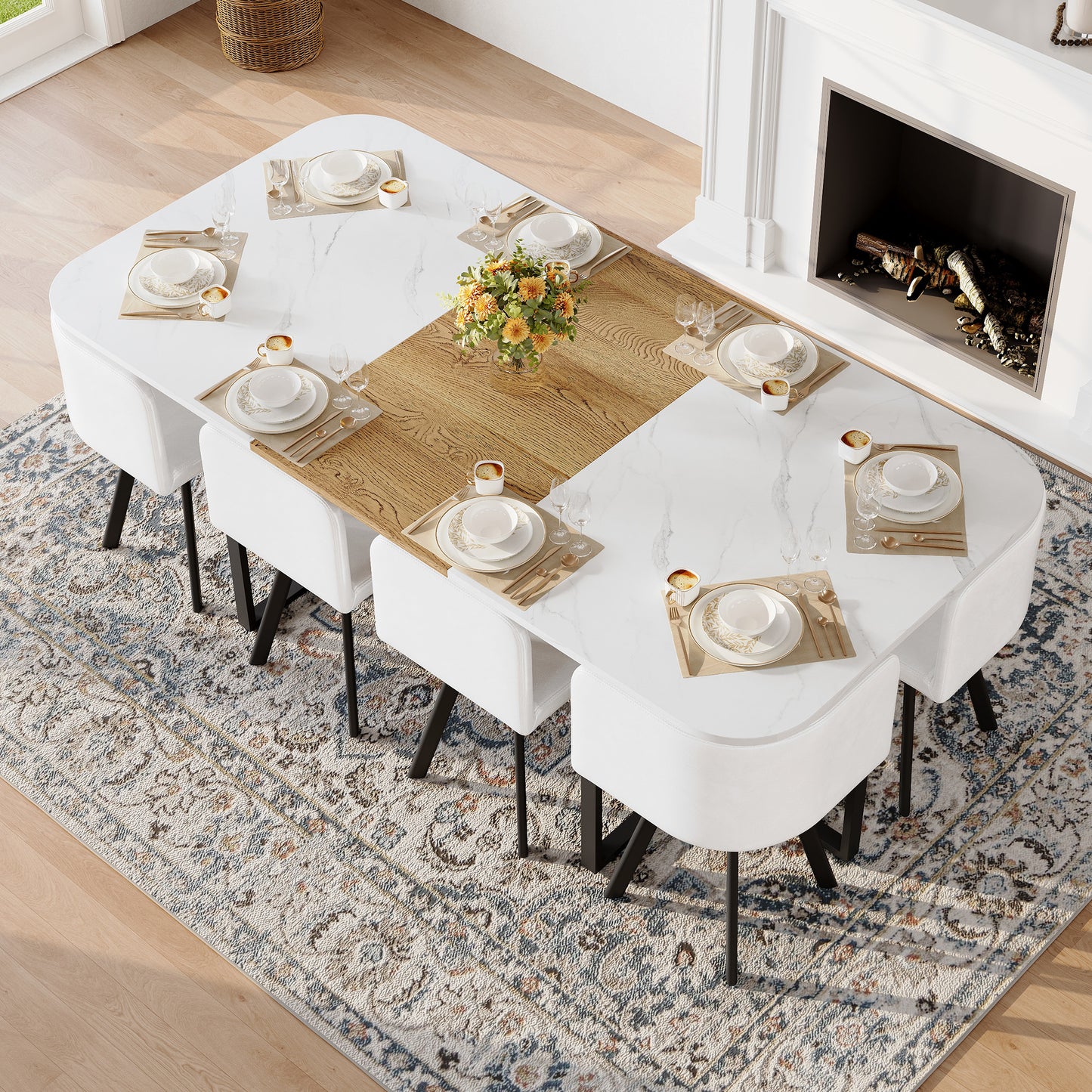 9-Piece Square Dining Table Set with White Faux Leather Chairs