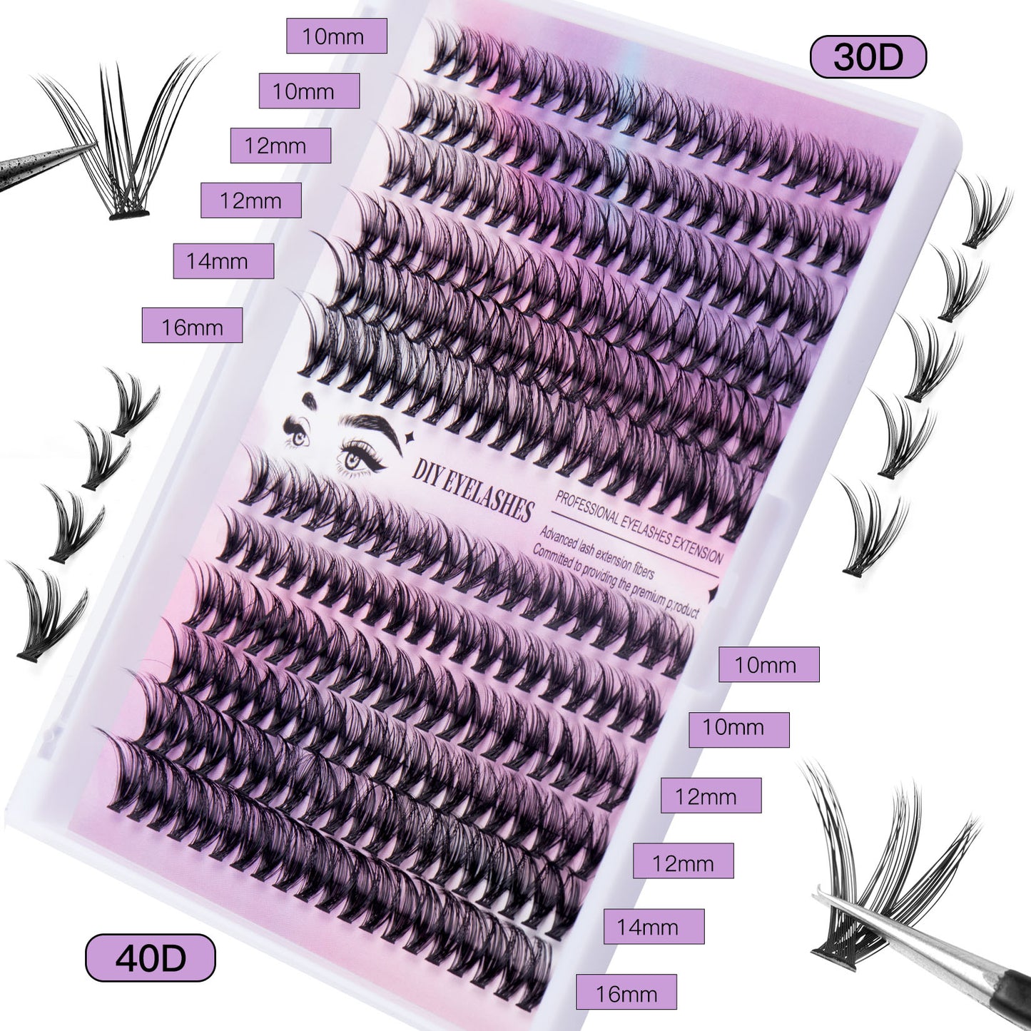 240 Segmented False Eyelash Clusters - 12 Rows of 30D and 40D Mix