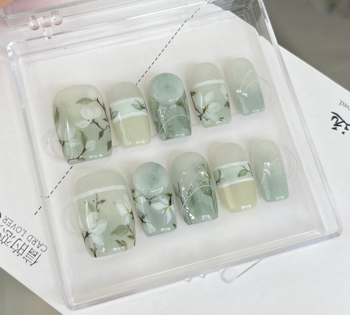 Nail Art Kit with Hand-Painted Magnolia Design - Multiple Sizes & Styles