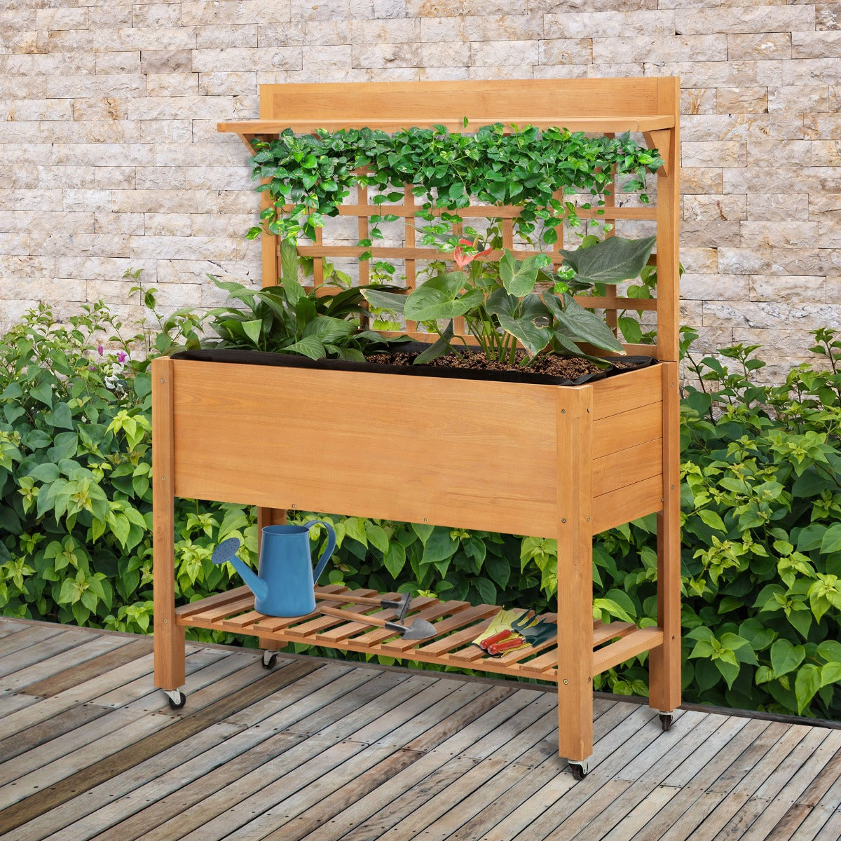 Elevated Wooden Garden Bed with Shelf and Wheels - Outdoor Herb Planter 41x18x53 Inches