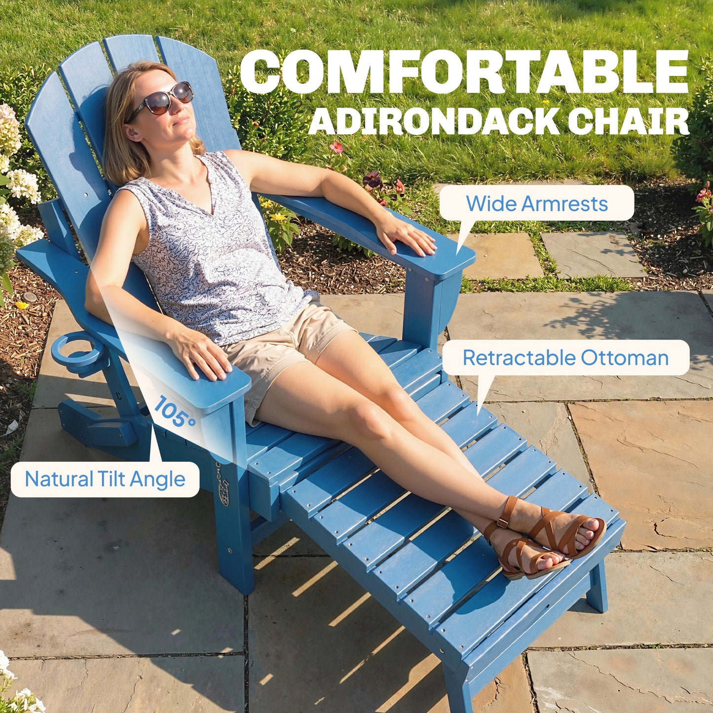 Folding Adirondack Chair Set of 2 with Ottoman & Cup Holder - Blue