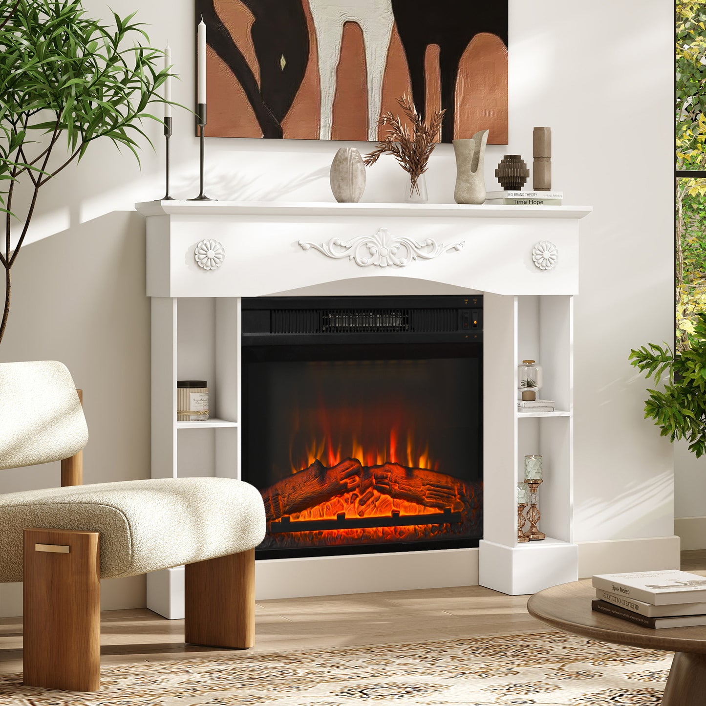 White Fireplace Mantel Surround with Storage for Electric Fireplaces - 45.3" Wide