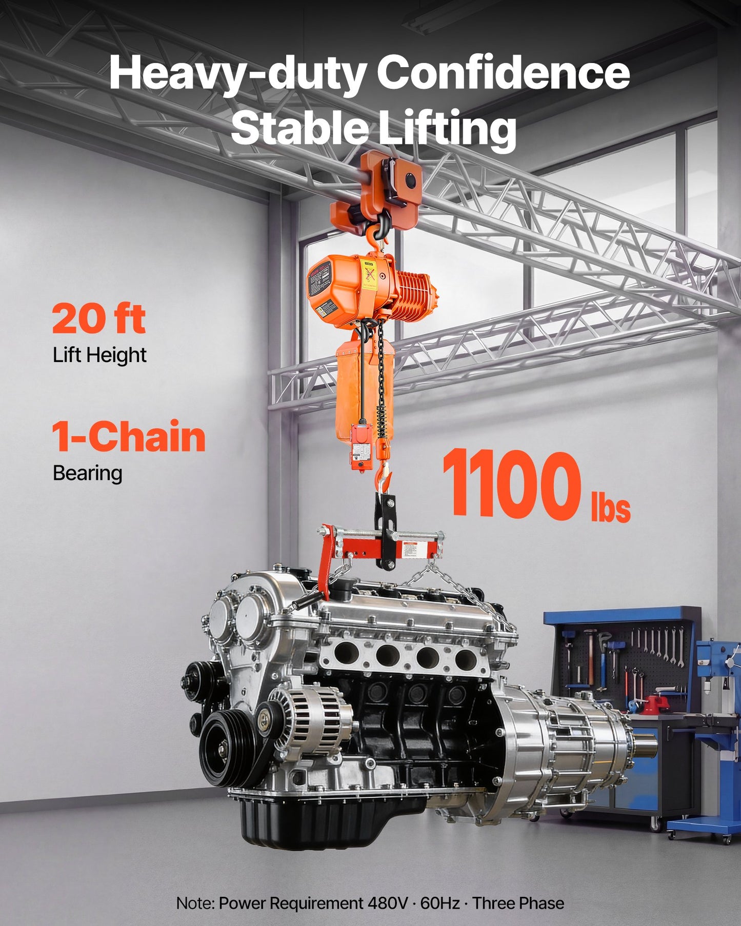 1100 Lb Electric Chain Hoist with Wireless & Wired Remote Control - 20 Ft Lift, Three-Phase Overhead Crane