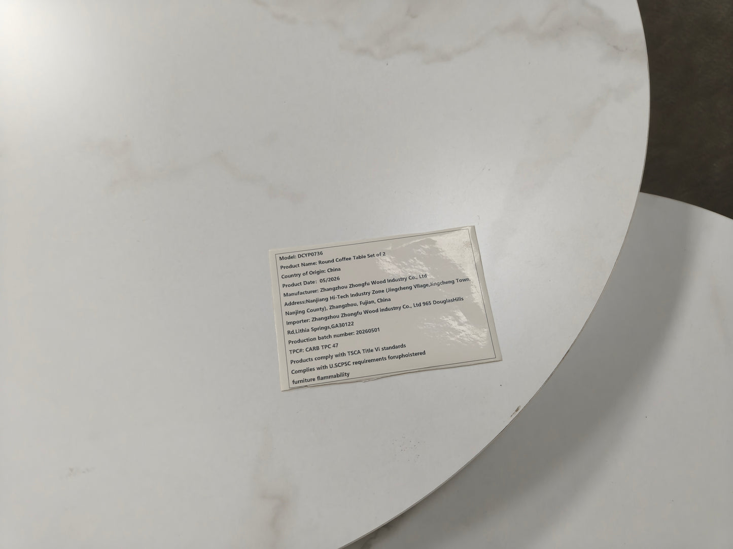 Nesting Coffee Table Set of 2 - Round Wood Marble Pattern - White+Gold