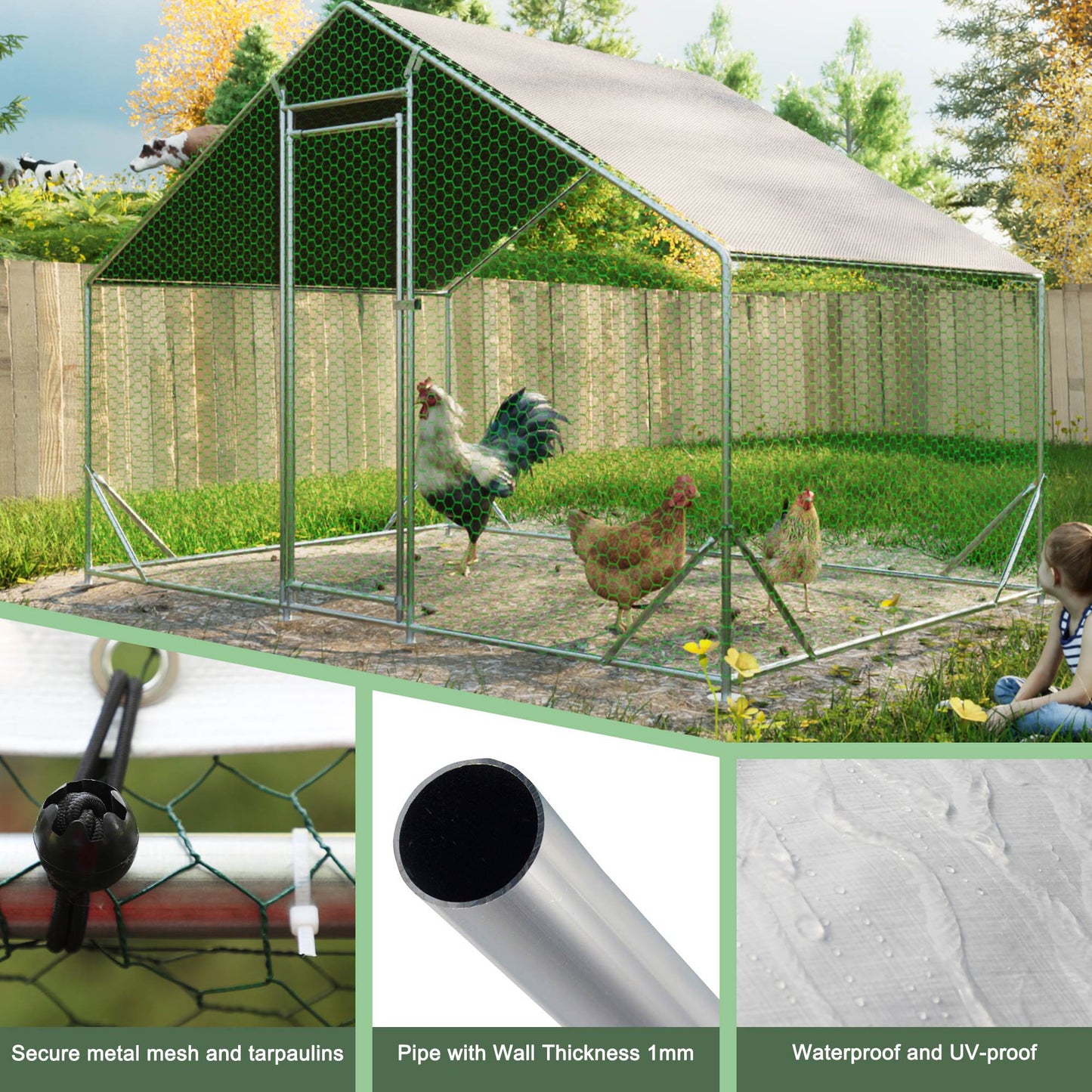 Large Metal Chicken Coop Walk-In Poultry Cage with Waterproof Cover - Multiple Sizes