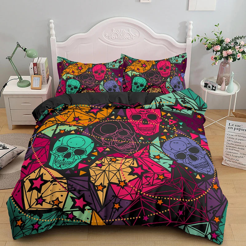 Halloween Skull Print Down Quilt Cover Set Gothic Home Textiles